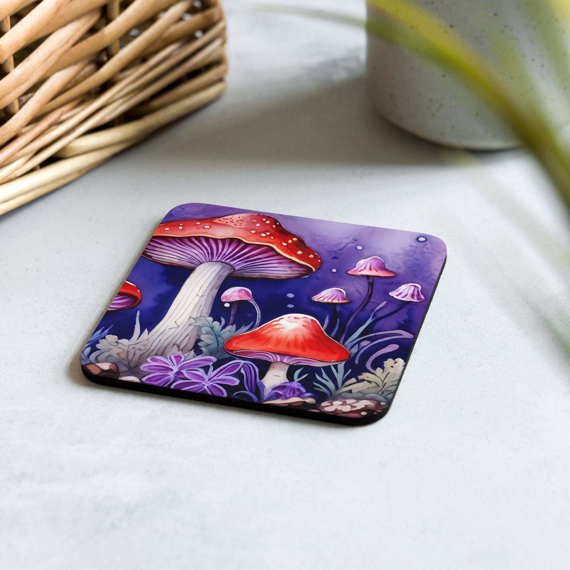 Reds and Purples Forest Mushrooms Cork - back Coaster - Coasters - Discovery Co.