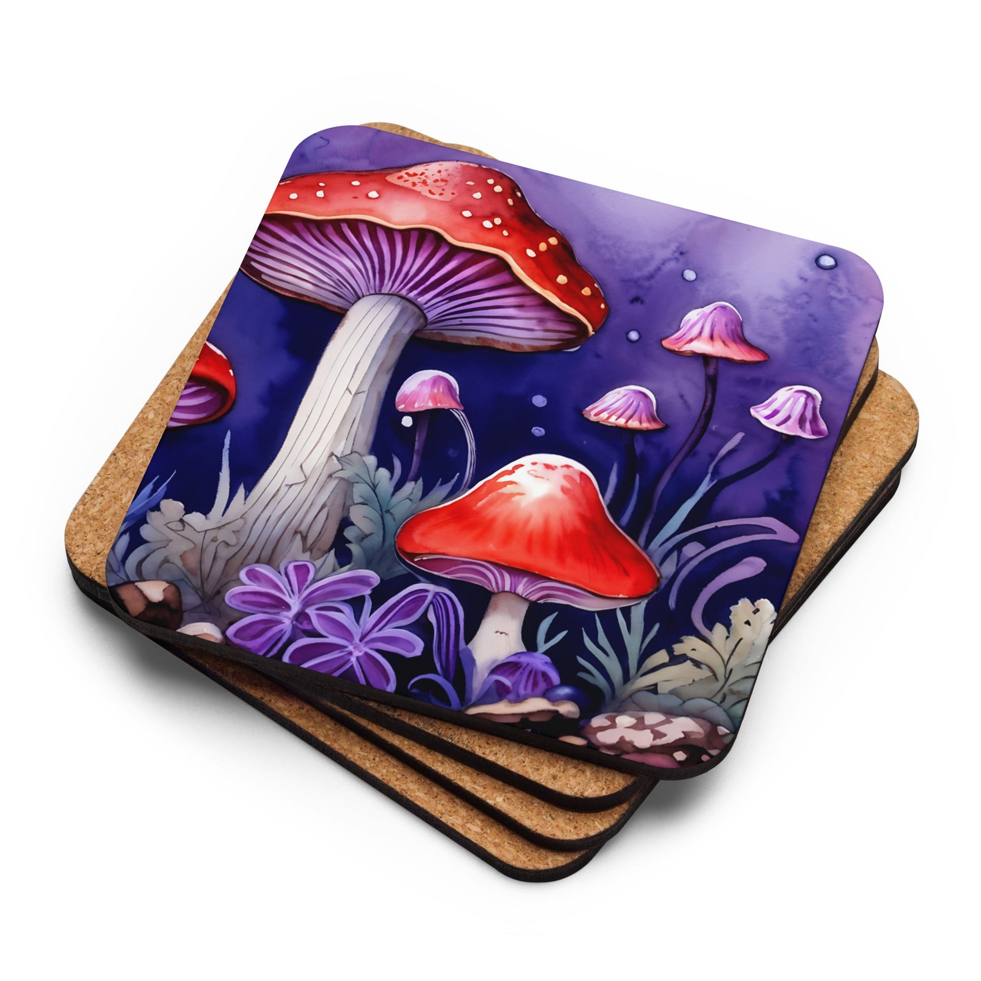 Reds and Purples Forest Mushrooms Cork - back Coaster - Coasters - Discovery Co.