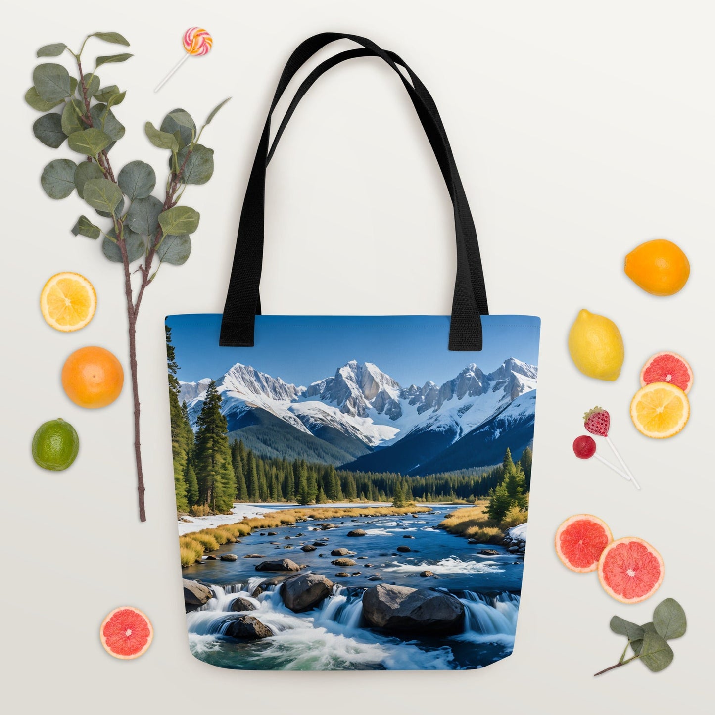 River Though Snowy Mountains Tote Bag - Tote Bags - Discovery Co.