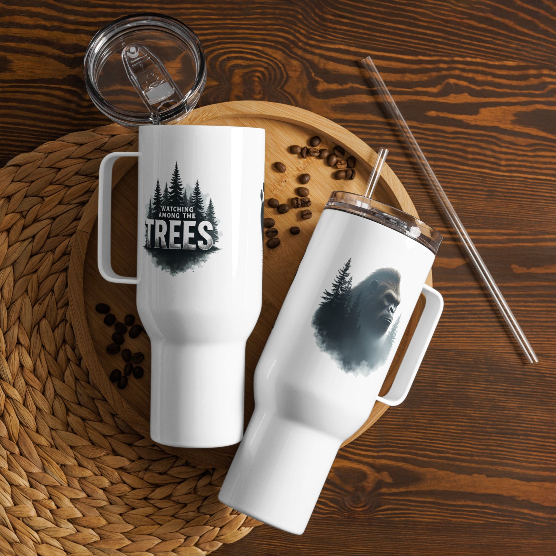 Sasquatch Watching Among The Trees Travel Mug With Handle (25 oz and 40 oz) - Travel Mug - Discovery Co.