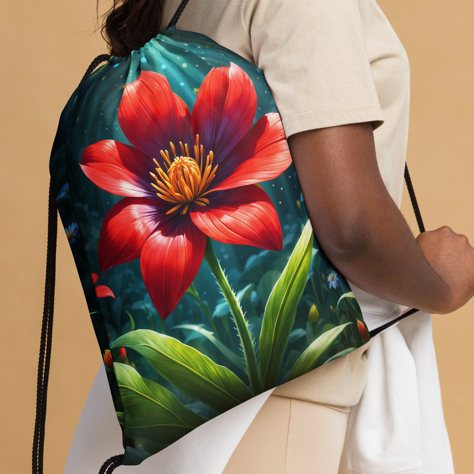 Scarlet Flower II Drawstring Bag - Drawstring Bag - Discovery Co.