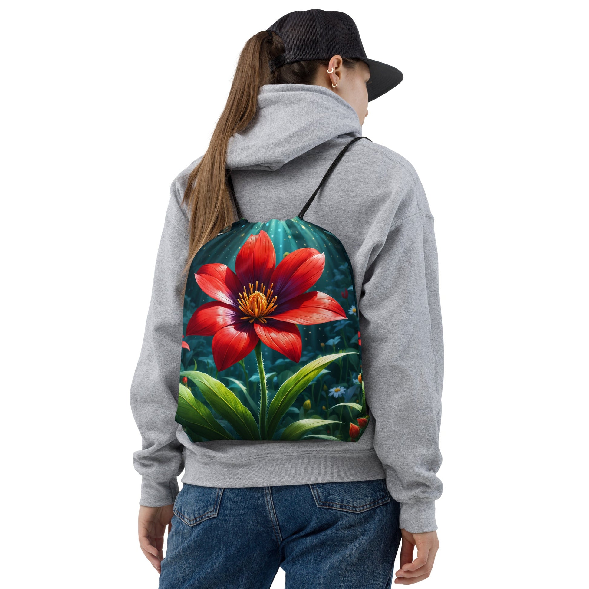 Scarlet Flower II Drawstring Bag - Drawstring Bag - Discovery Co.