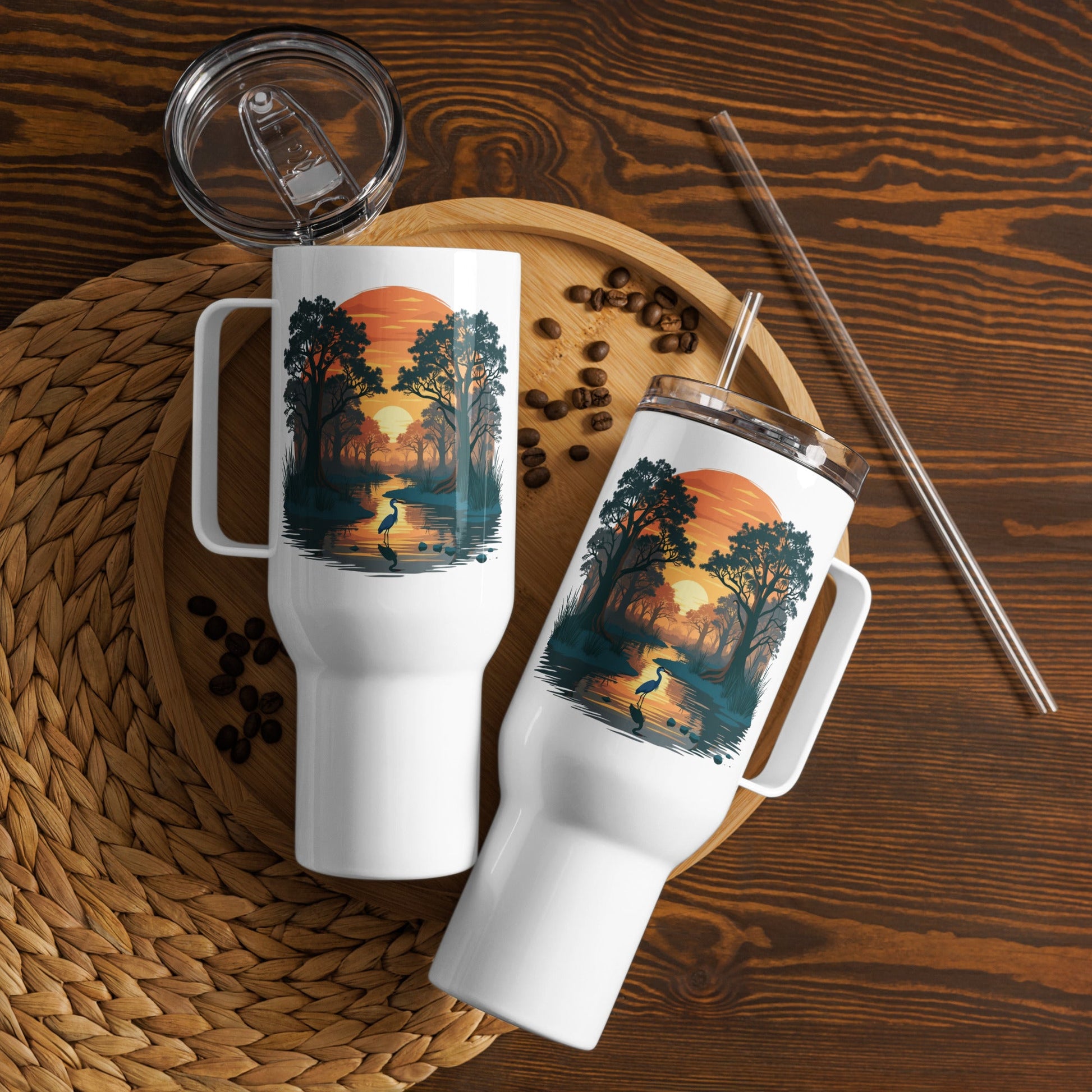 Sunset Heron Travel Mug With Handle (25 oz and 40 oz) - Travel Mug - Discovery Co.