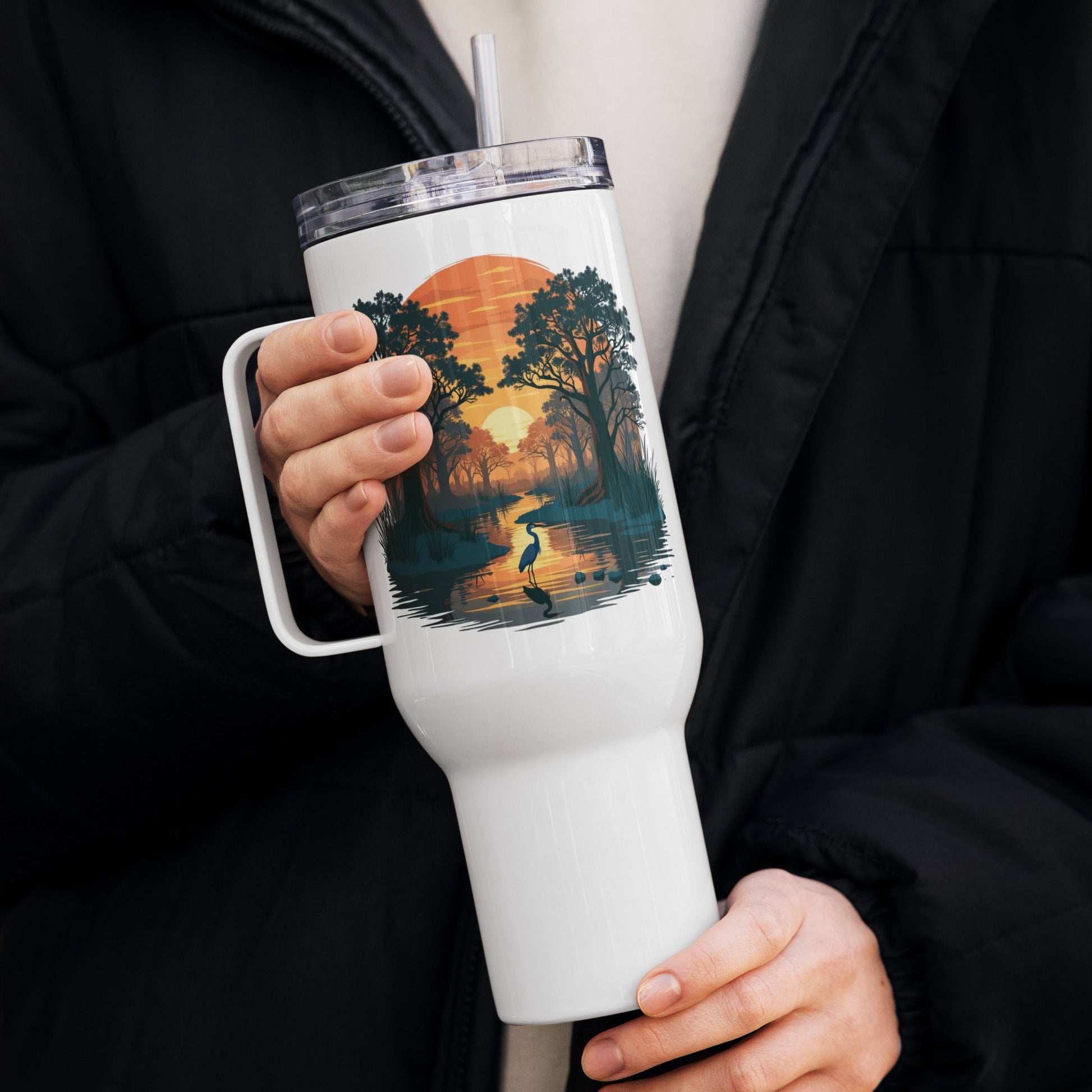 Sunset Heron Travel Mug With Handle (25 oz and 40 oz) - Travel Mug - Discovery Co.