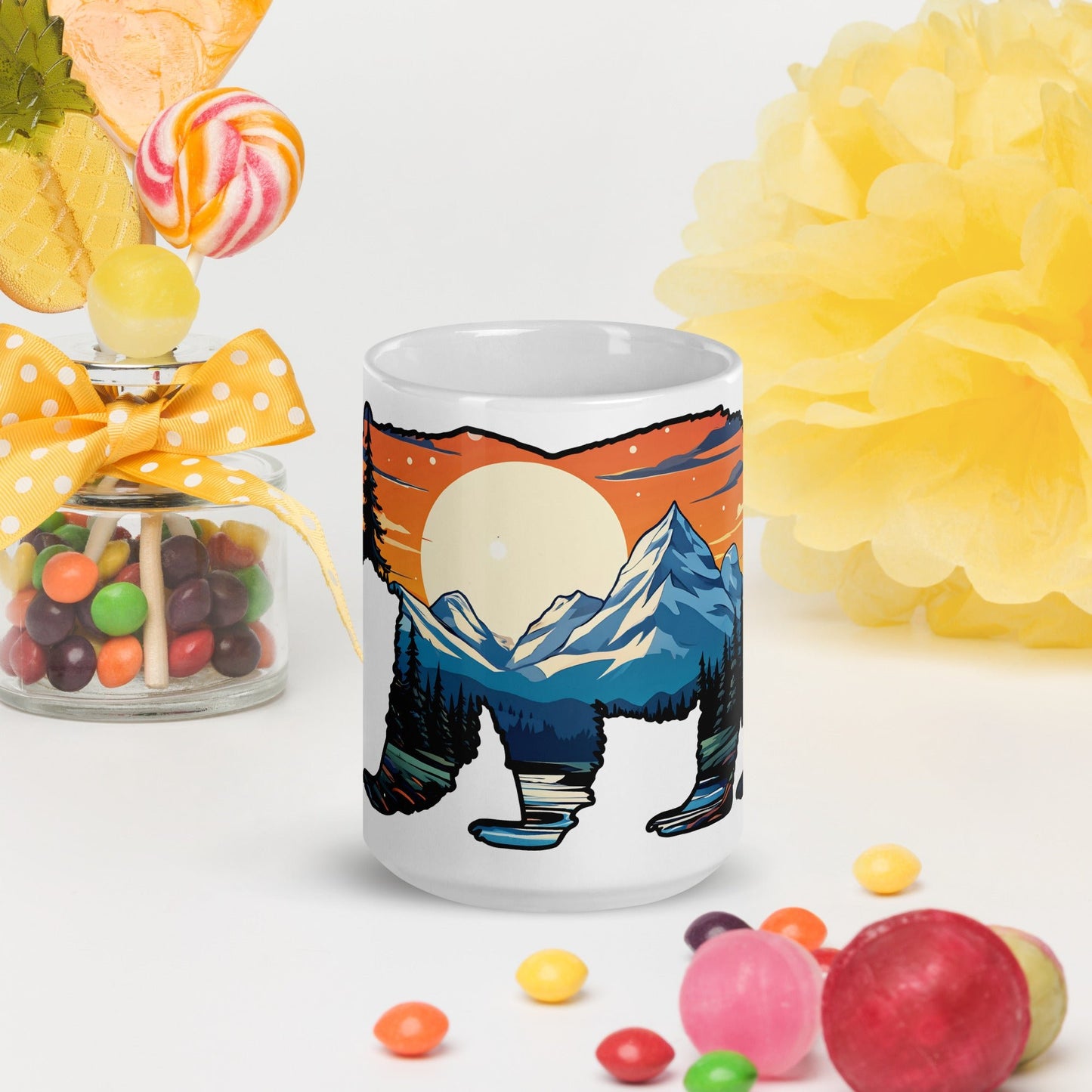 Sunset Over Mountains Bear White Glossy Mug (11 oz, 15 oz, 20 oz) - Mugs - Discovery Co.