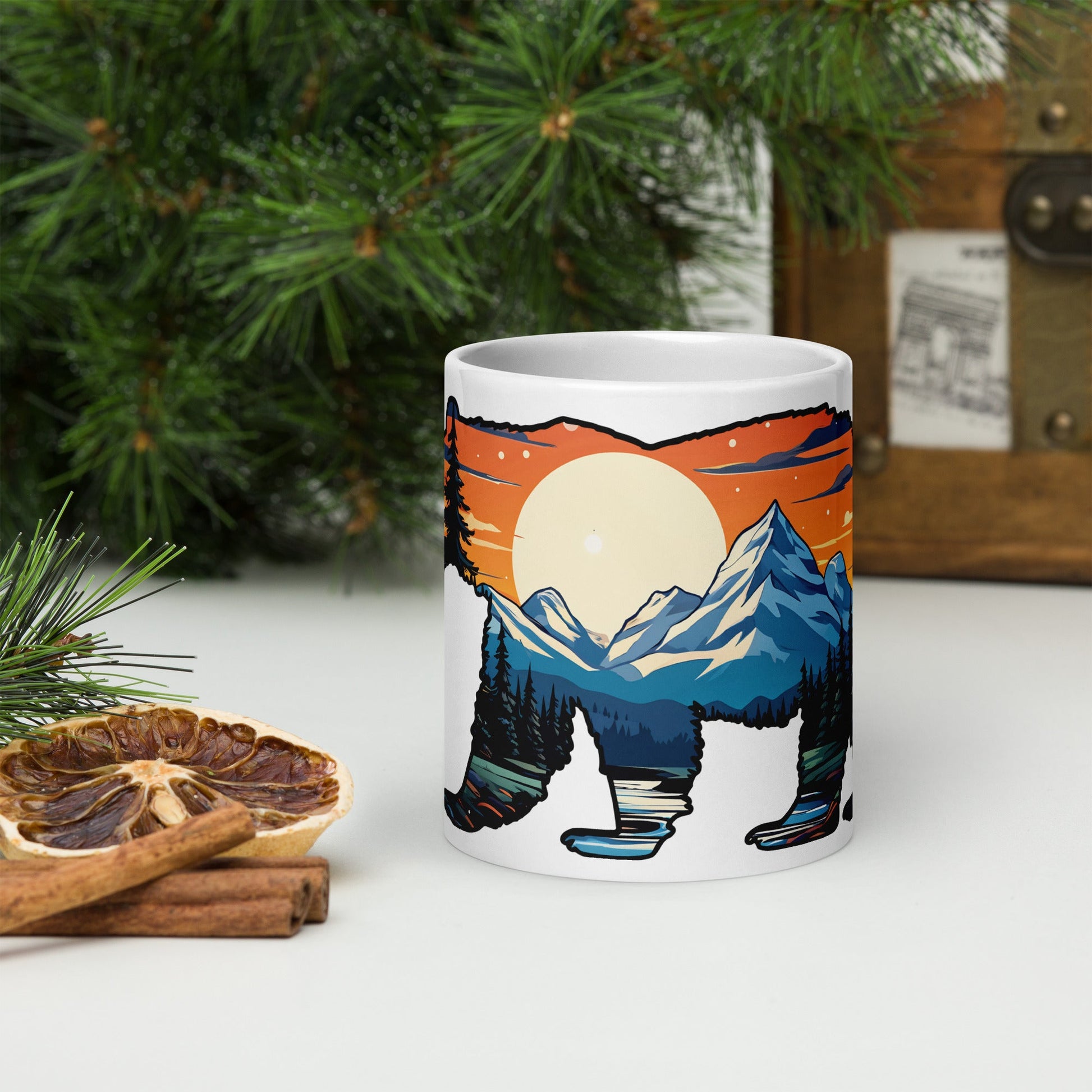 Sunset Over Mountains Bear White Glossy Mug (11 oz, 15 oz, 20 oz) - Mugs - Discovery Co.