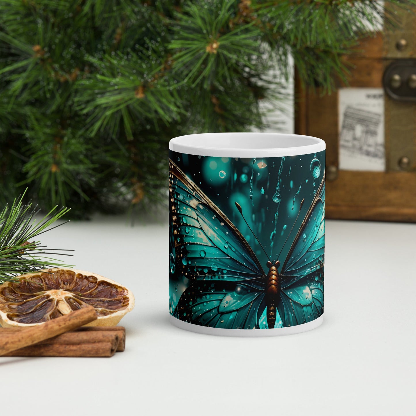 Turquoise Butterfly White Glossy Mug (11 oz, 15 oz, 20 oz) - Mugs - Discovery Co.