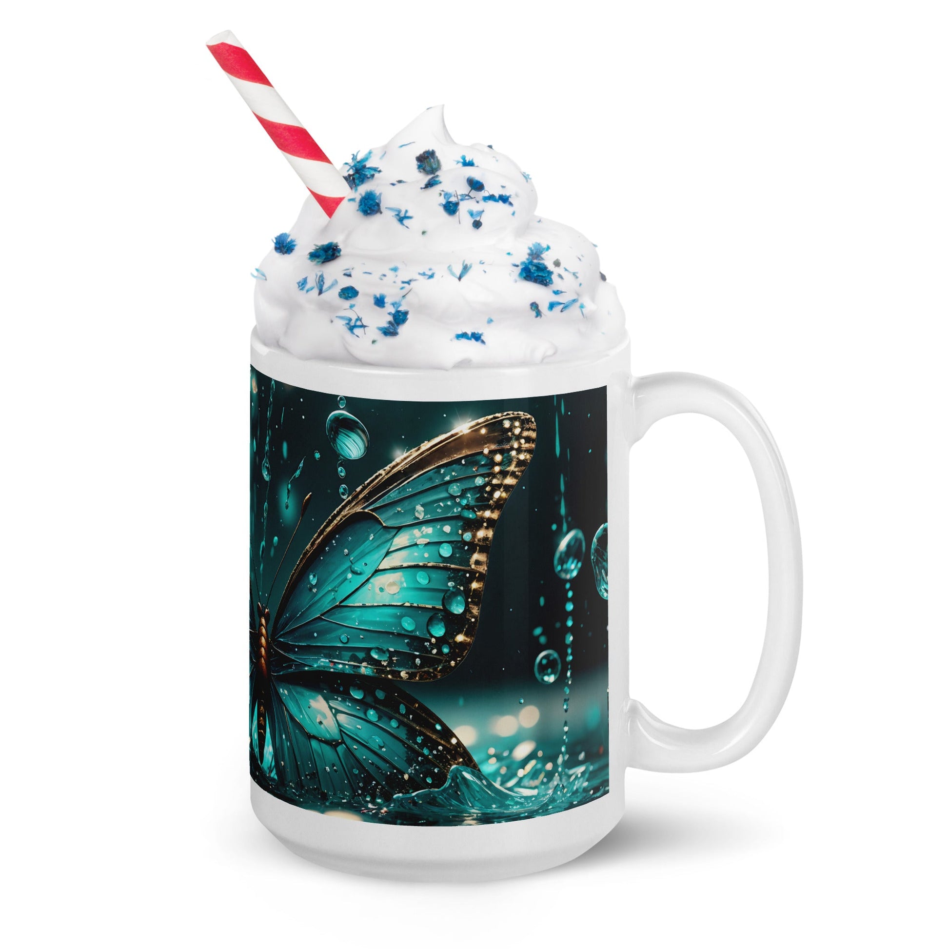 Turquoise Butterfly White Glossy Mug (11 oz, 15 oz, 20 oz) - Mugs - Discovery Co.