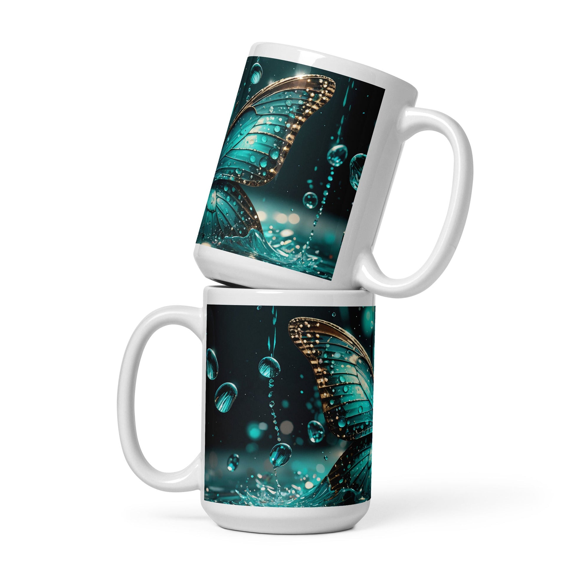 Turquoise Butterfly White Glossy Mug (11 oz, 15 oz, 20 oz) - Mugs - Discovery Co.