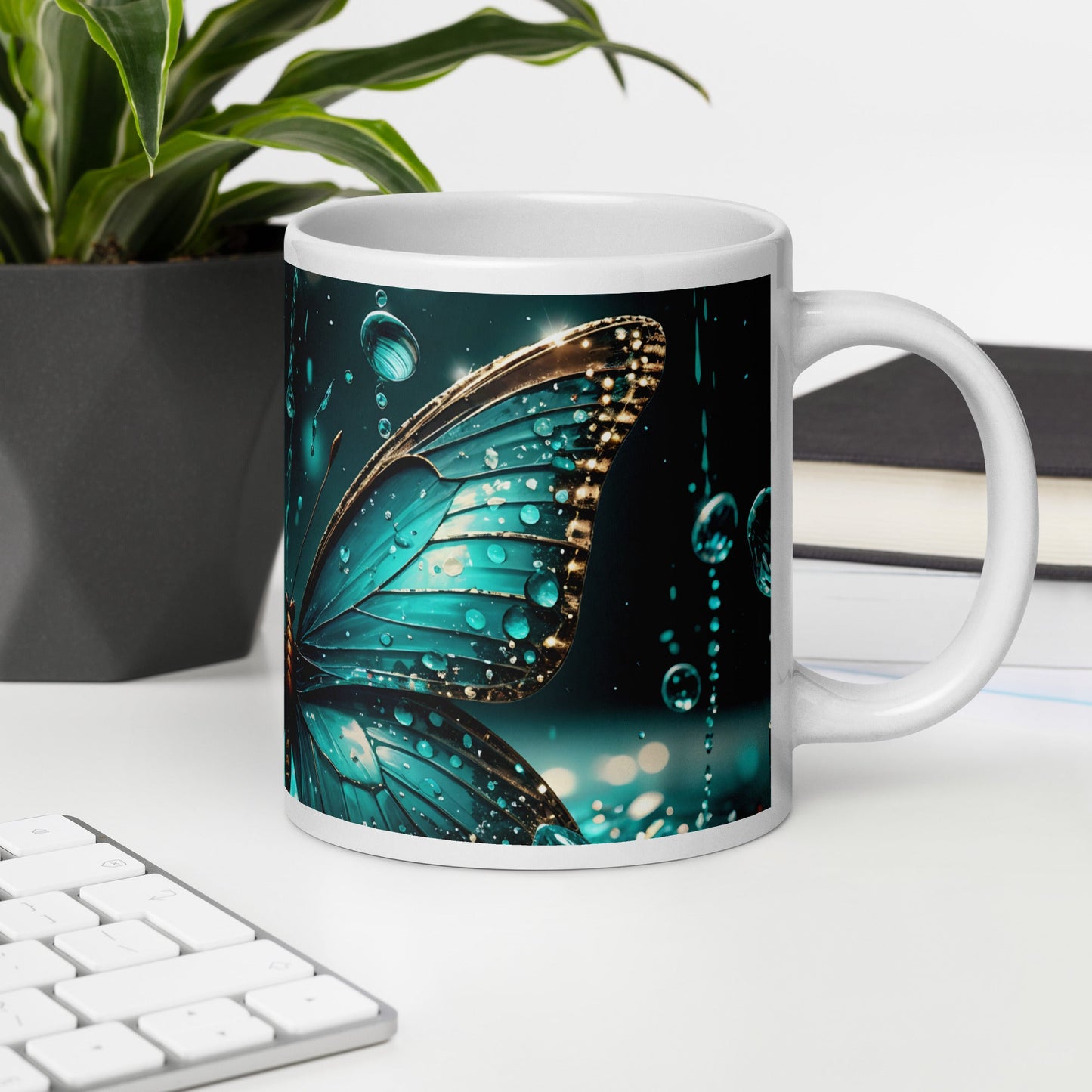 Turquoise Butterfly White Glossy Mug (11 oz, 15 oz, 20 oz) - Mugs - Discovery Co.