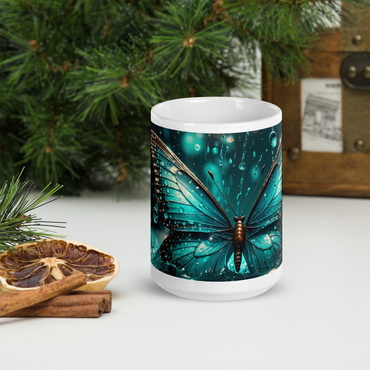 Turquoise Butterfly White Glossy Mug (11 oz, 15 oz, 20 oz) - Mugs - Discovery Co.