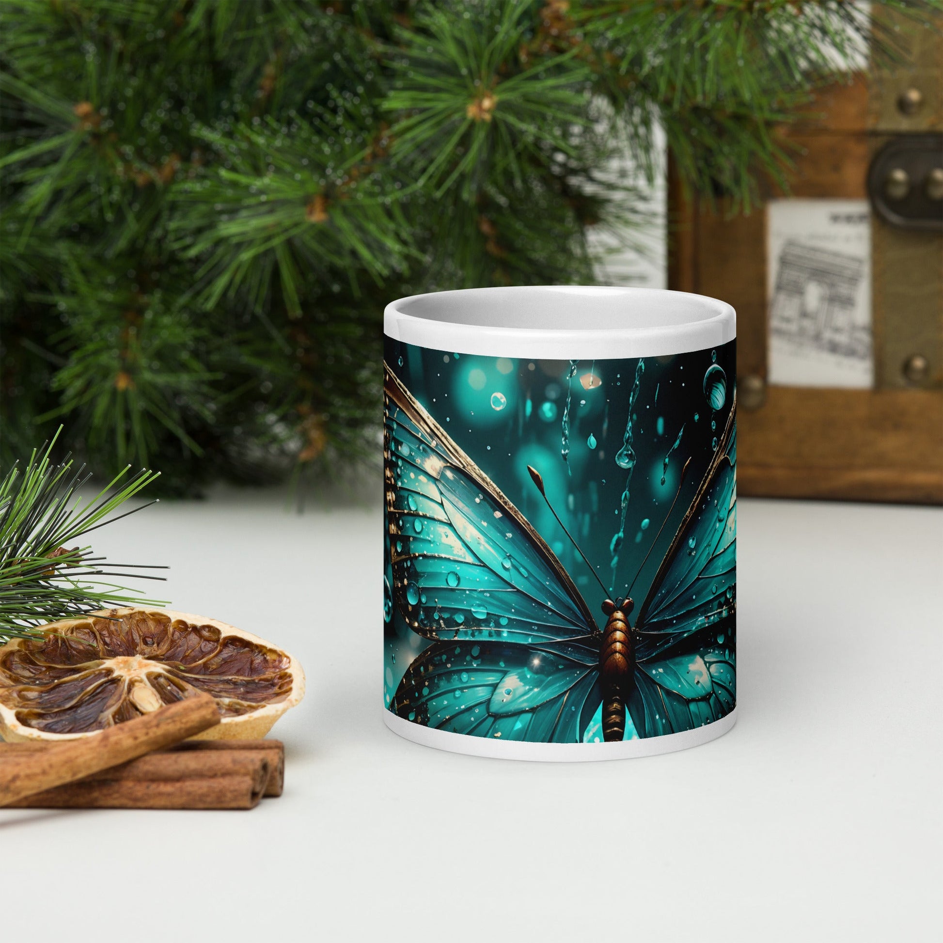 Turquoise Butterfly White Glossy Mug (11 oz, 15 oz, 20 oz) - Mugs - Discovery Co.