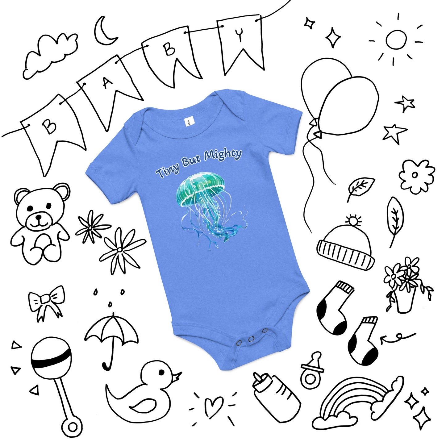 Turquoise Jellyfish "Tiny But Mighty" Baby Short Sleeve One Piece - Baby & Toddler Apparel - Discovery Co.