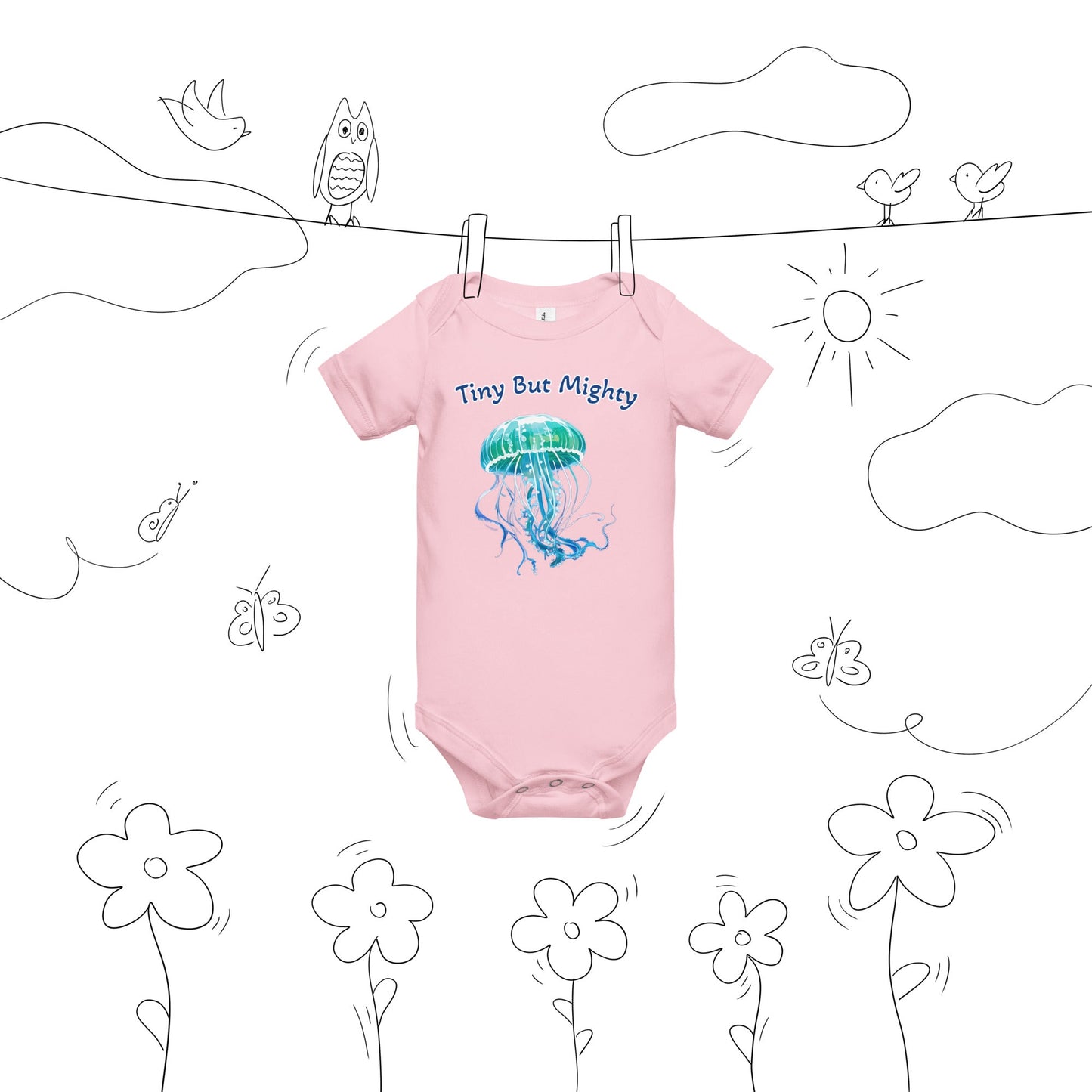 Turquoise Jellyfish "Tiny But Mighty" Baby Short Sleeve One Piece - Baby & Toddler Apparel - Discovery Co.