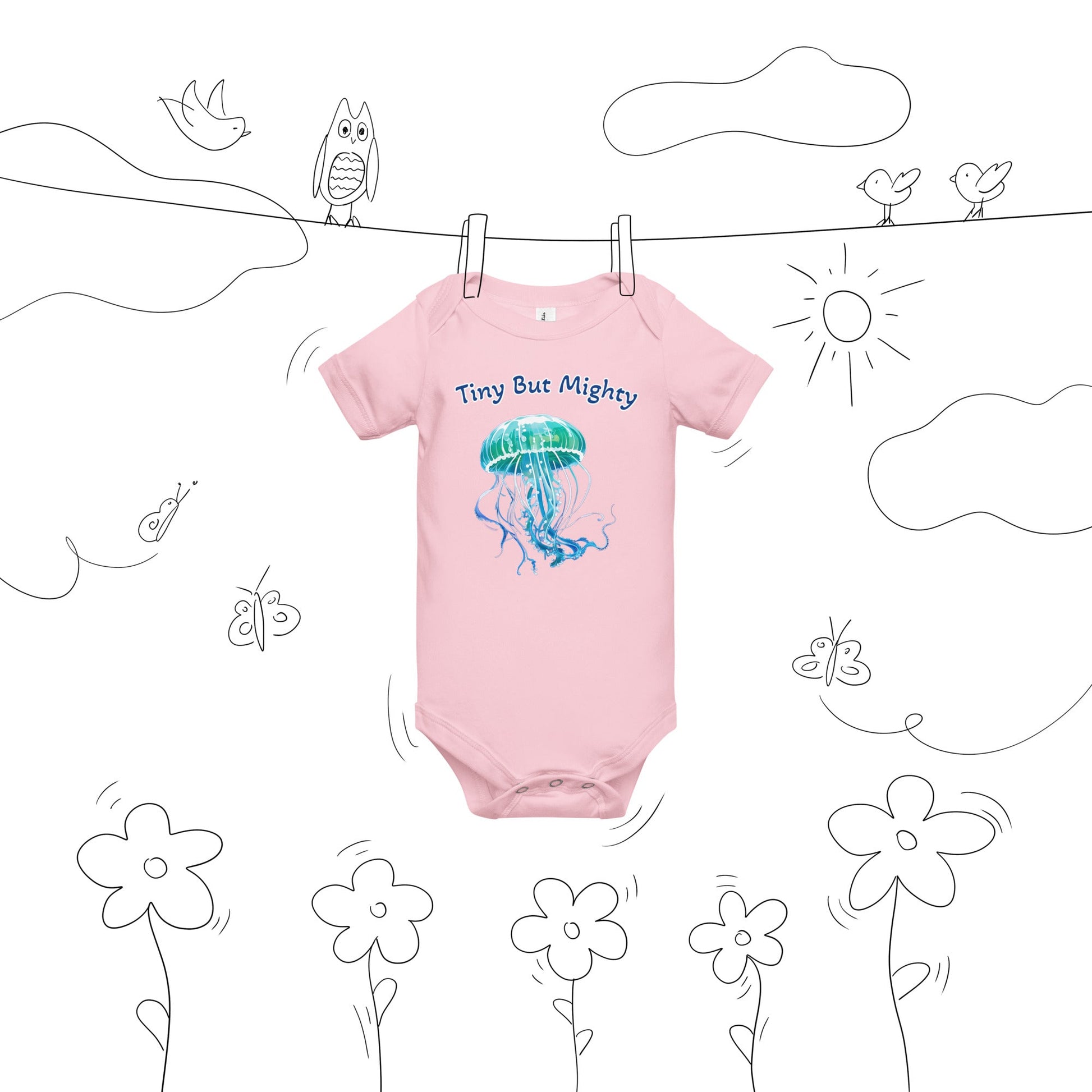 Turquoise Jellyfish "Tiny But Mighty" Baby Short Sleeve One Piece - Baby & Toddler Apparel - Discovery Co.