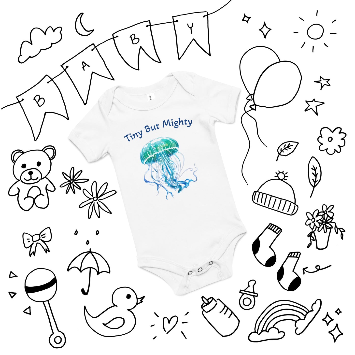 Turquoise Jellyfish "Tiny But Mighty" Baby Short Sleeve One Piece - Baby & Toddler Apparel - Discovery Co.