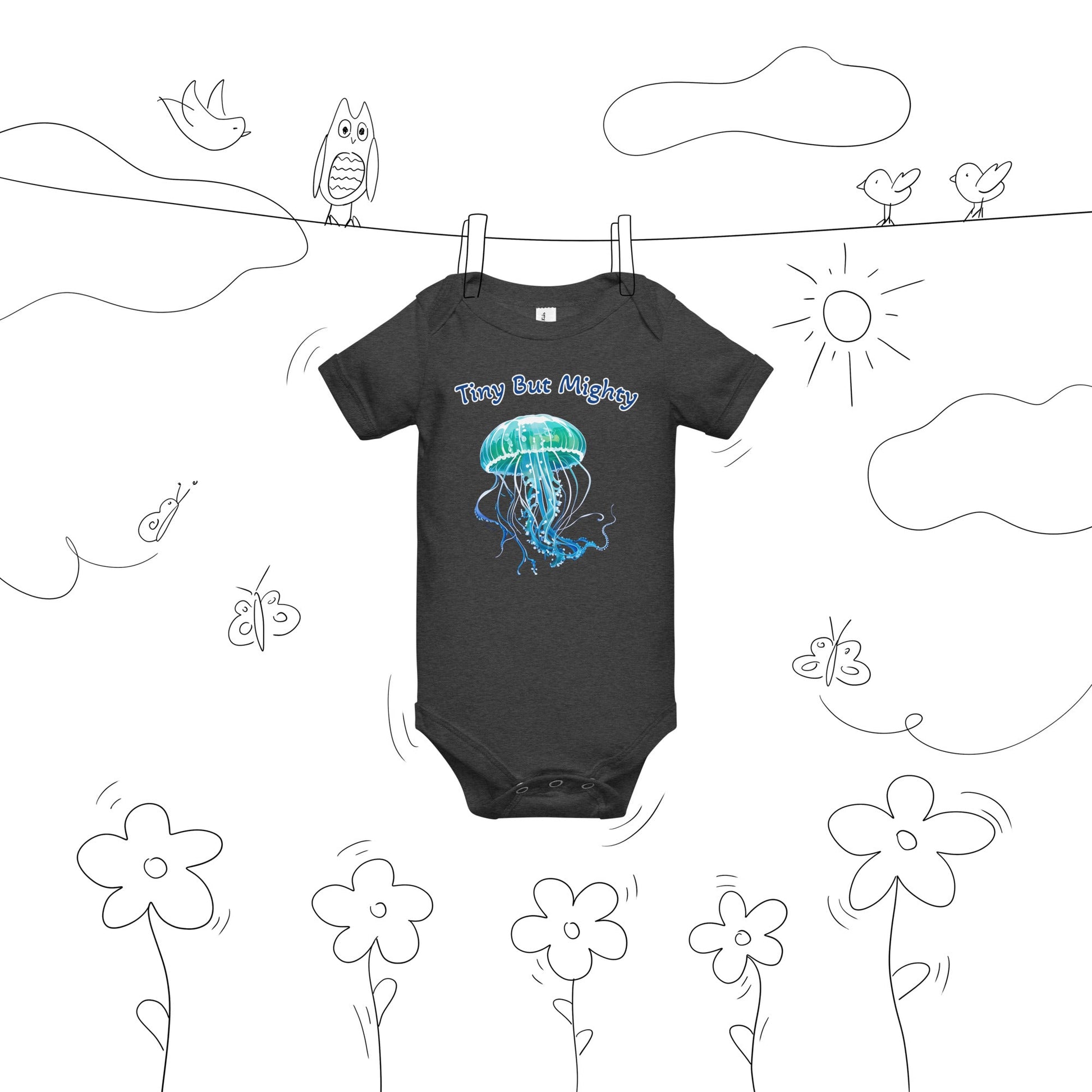 Turquoise Jellyfish "Tiny But Mighty" Baby Short Sleeve One Piece - Baby & Toddler Apparel - Discovery Co.