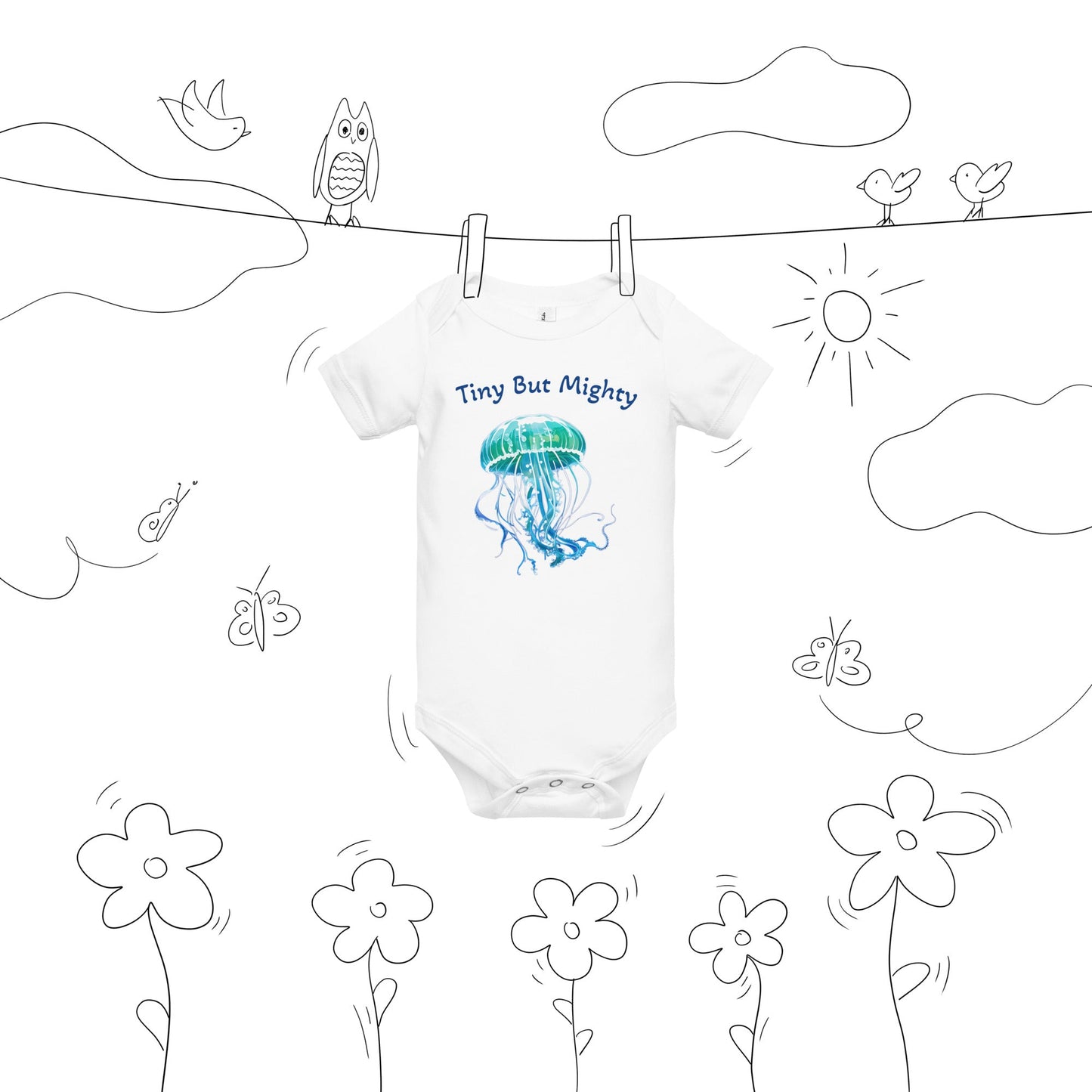 Turquoise Jellyfish "Tiny But Mighty" Baby Short Sleeve One Piece - Baby & Toddler Apparel - Discovery Co.