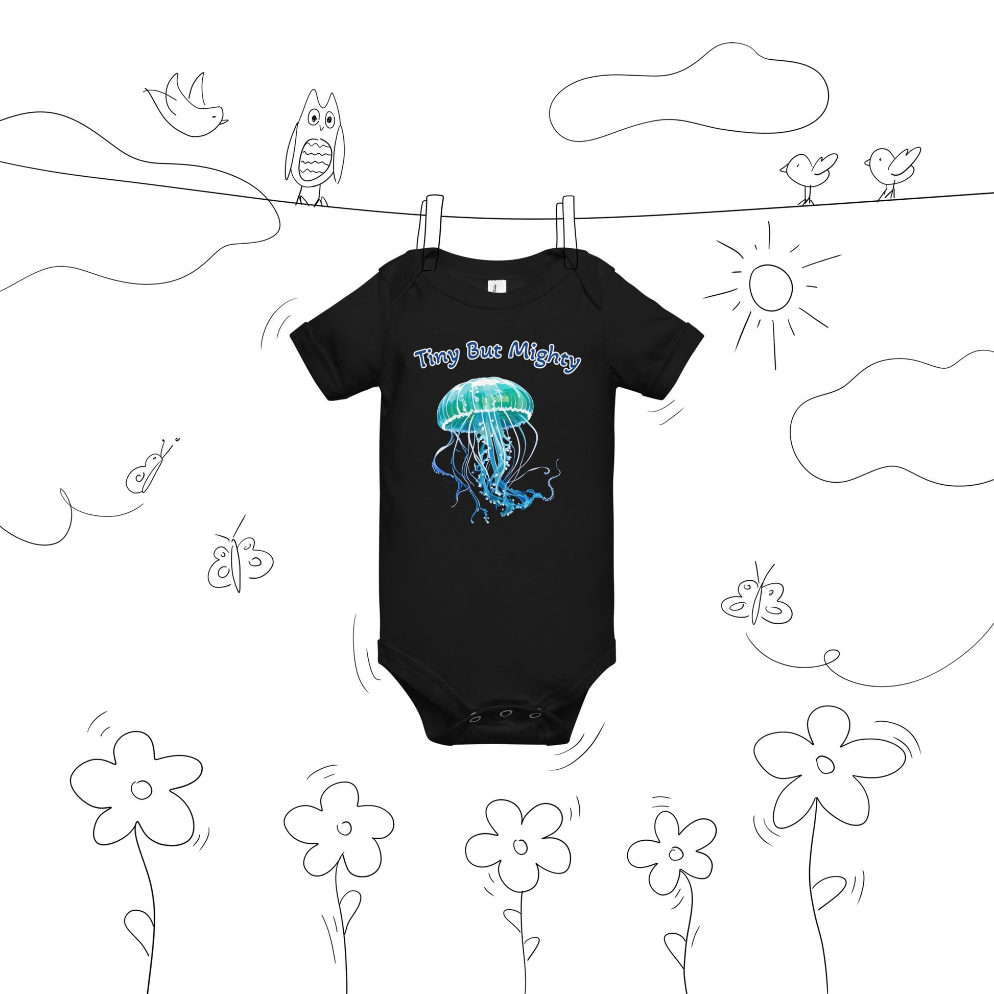 Turquoise Jellyfish "Tiny But Mighty" Baby Short Sleeve One Piece - Baby & Toddler Apparel - Discovery Co.