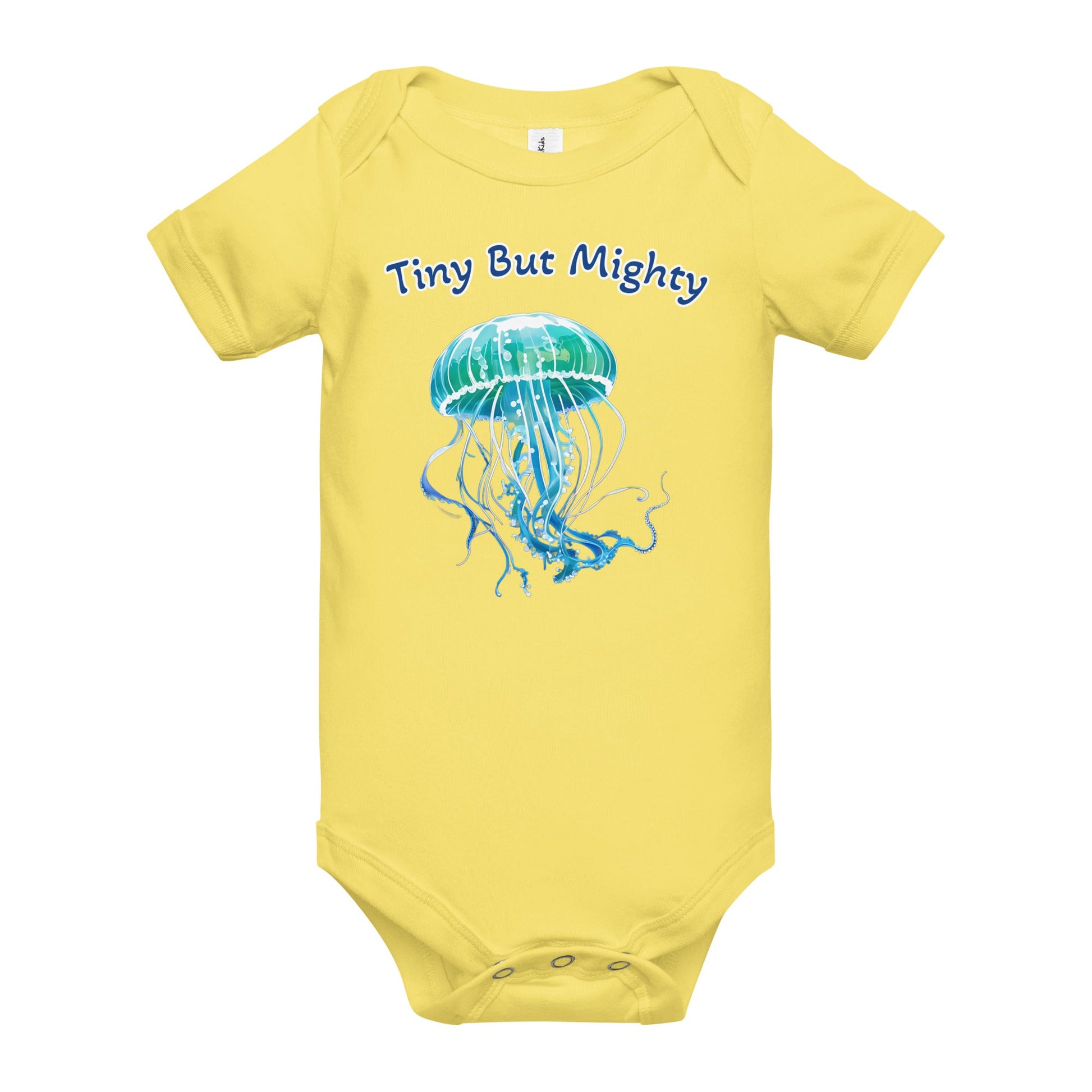 Turquoise Jellyfish "Tiny But Mighty" Baby Short Sleeve One Piece - Baby & Toddler Apparel - Discovery Co.