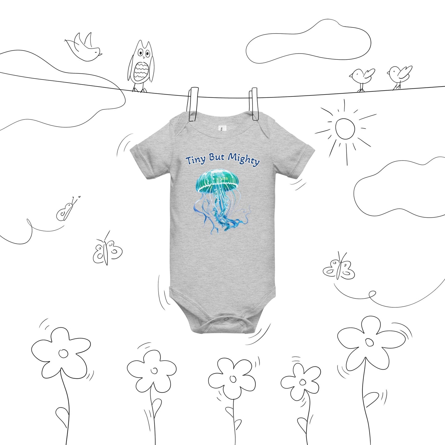 Turquoise Jellyfish "Tiny But Mighty" Baby Short Sleeve One Piece - Baby & Toddler Apparel - Discovery Co.