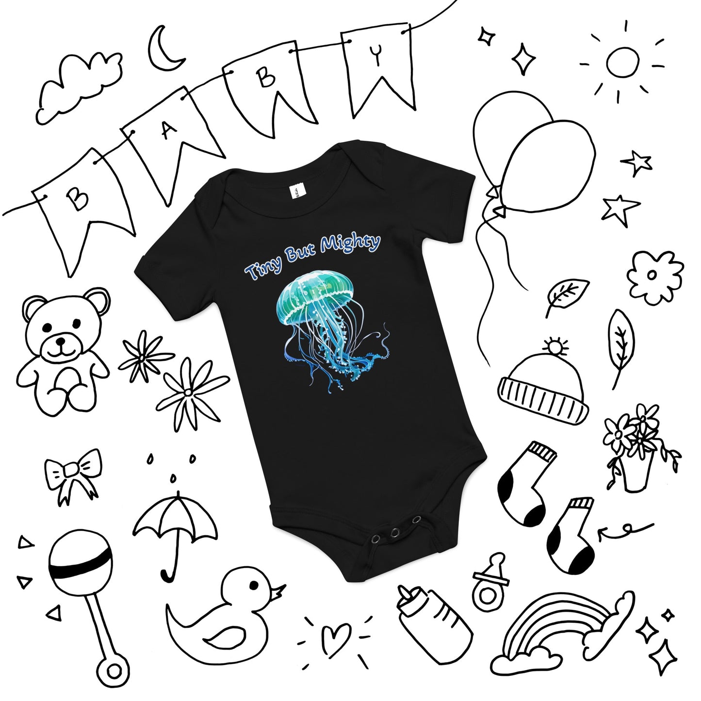 Turquoise Jellyfish "Tiny But Mighty" Baby Short Sleeve One Piece - Baby & Toddler Apparel - Discovery Co.