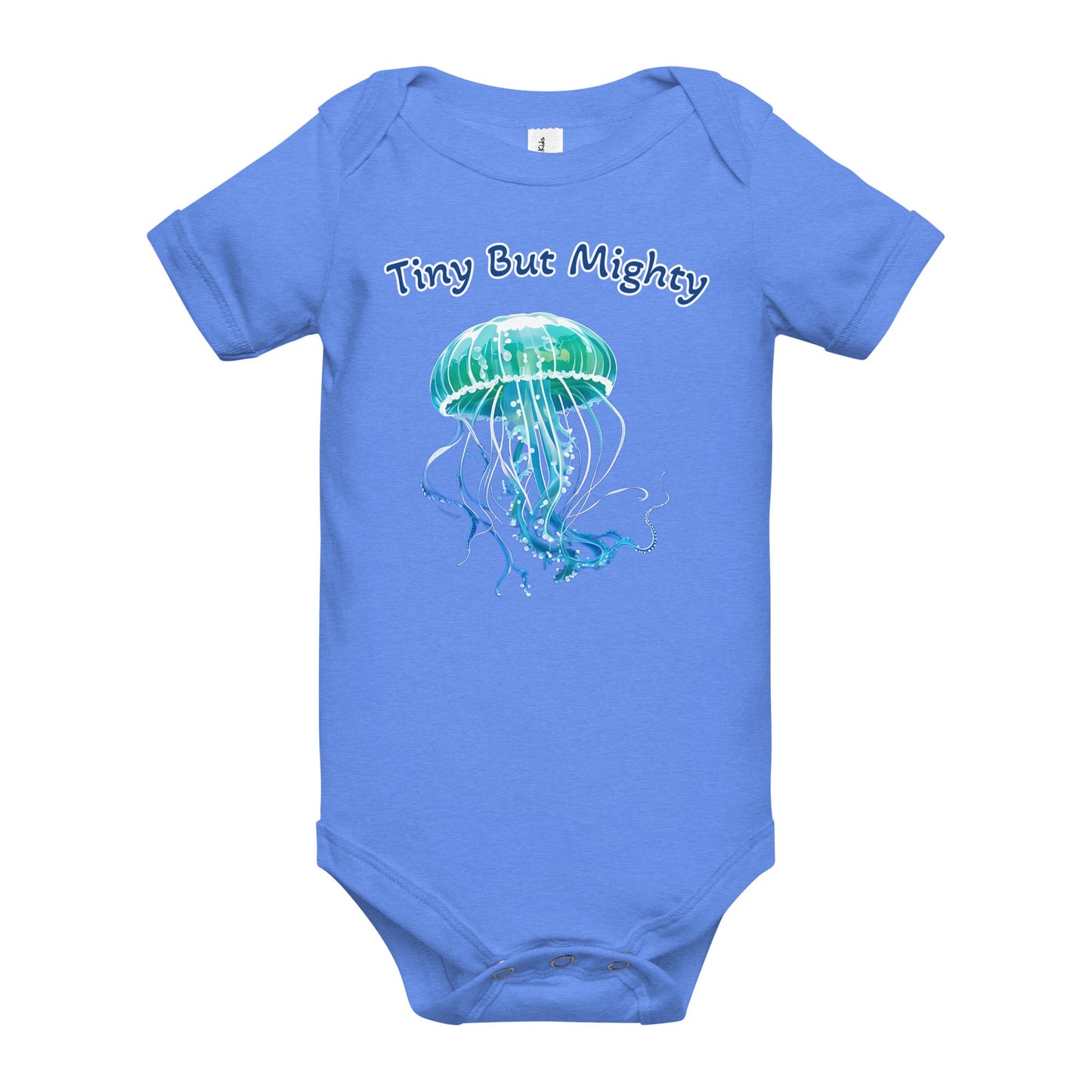 Turquoise Jellyfish "Tiny But Mighty" Baby Short Sleeve One Piece - Baby & Toddler Apparel - Discovery Co.