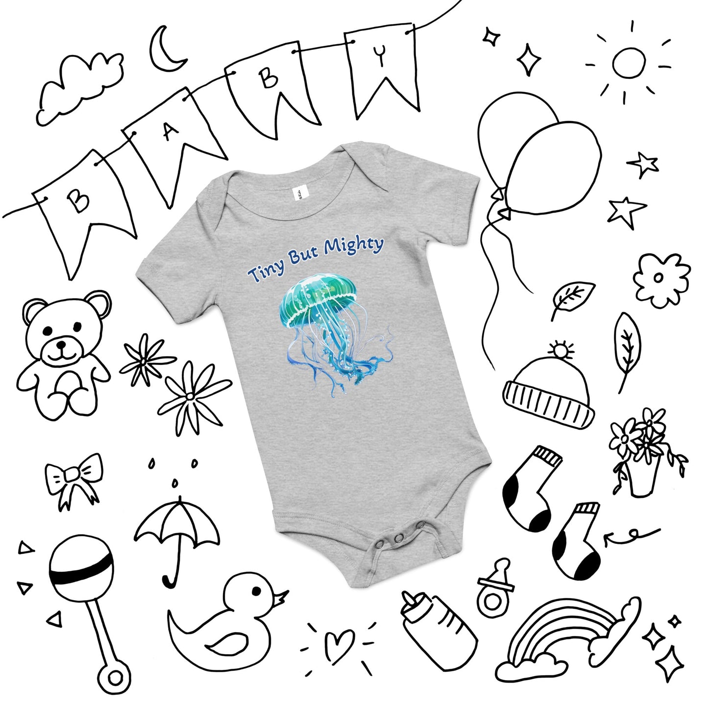 Turquoise Jellyfish "Tiny But Mighty" Baby Short Sleeve One Piece - Baby & Toddler Apparel - Discovery Co.