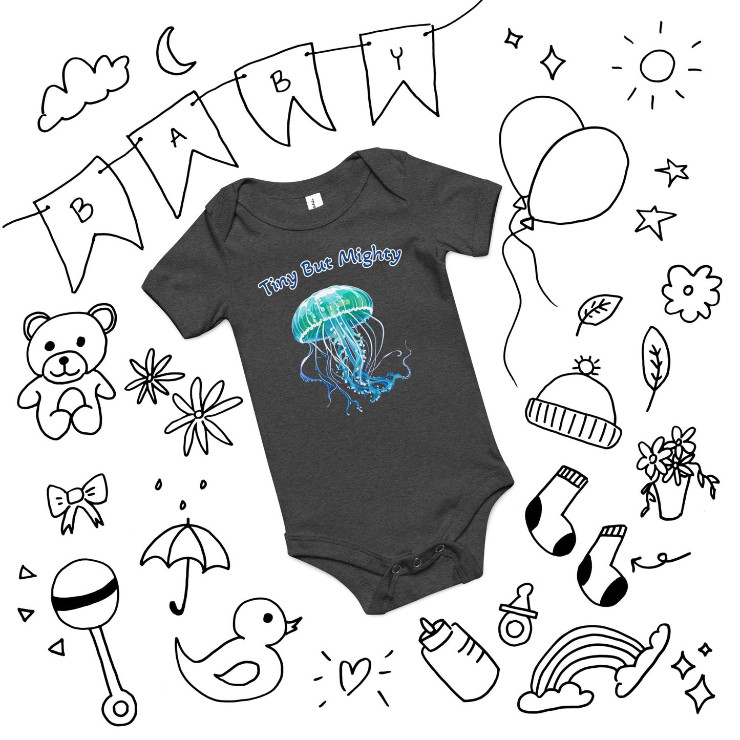 Turquoise Jellyfish "Tiny But Mighty" Baby Short Sleeve One Piece - Baby & Toddler Apparel - Discovery Co.