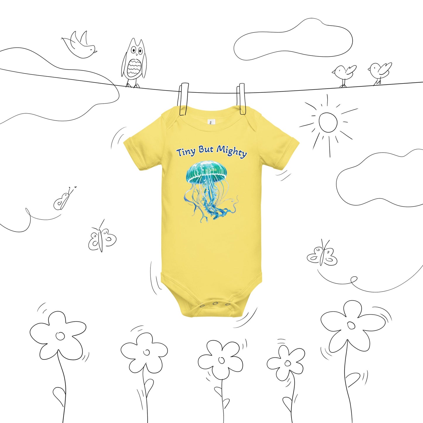 Turquoise Jellyfish "Tiny But Mighty" Baby Short Sleeve One Piece - Baby & Toddler Apparel - Discovery Co.