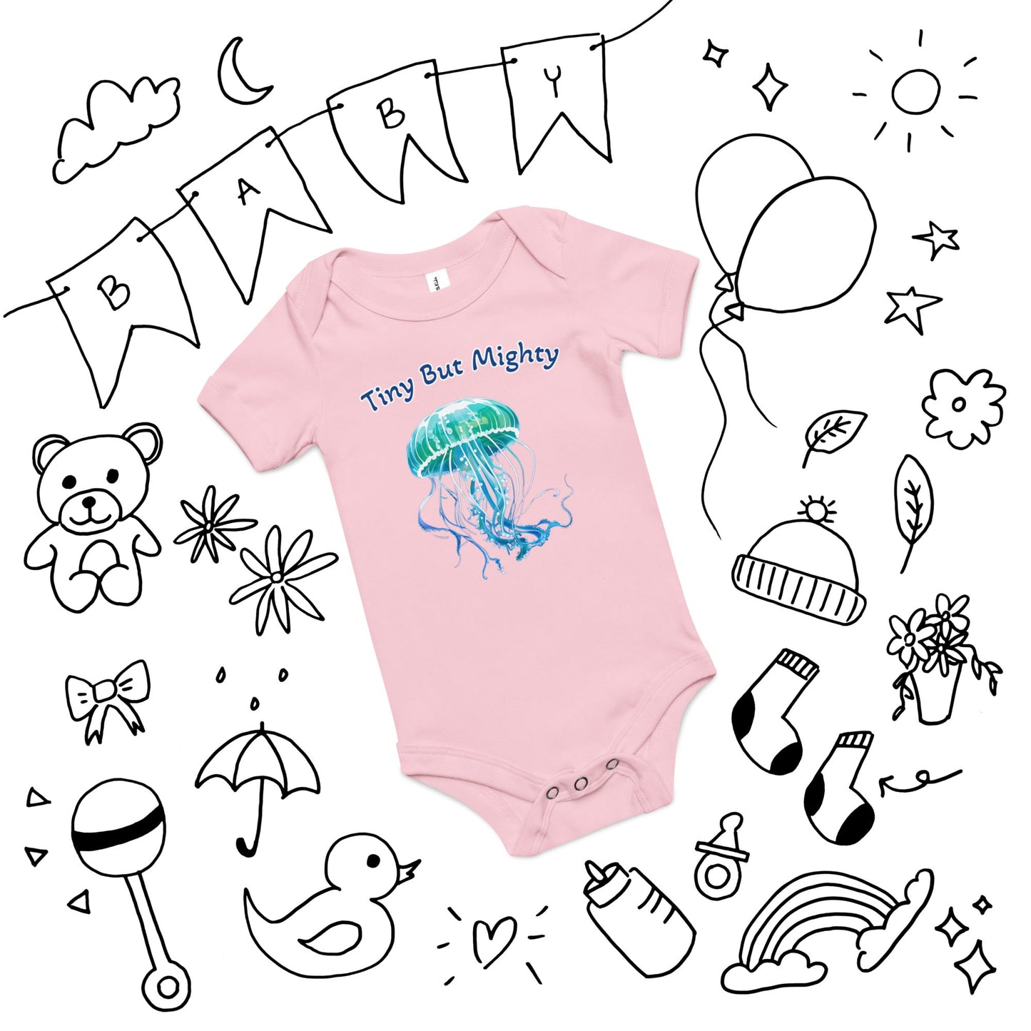 Turquoise Jellyfish "Tiny But Mighty" Baby Short Sleeve One Piece - Baby & Toddler Apparel - Discovery Co.