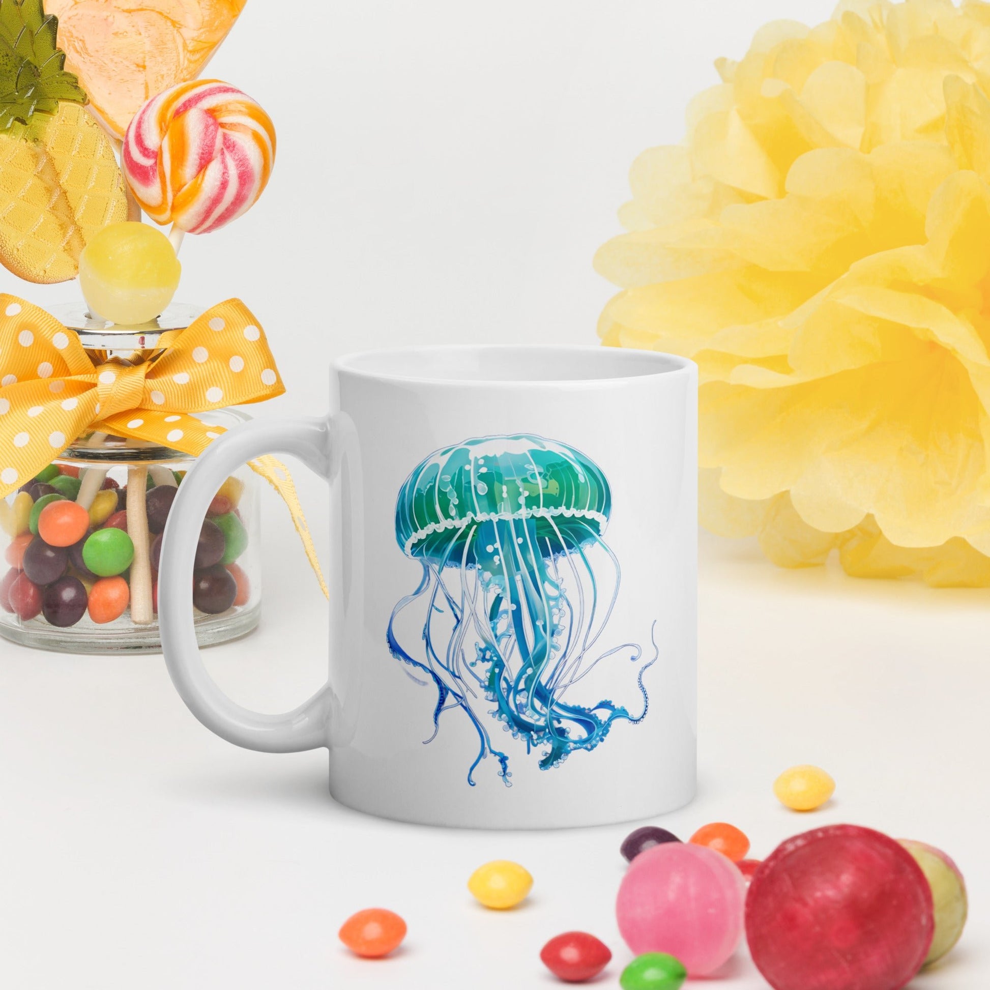 Turquoise Jellyfish White Glossy Mug (11 oz, 15 oz, 20 oz) - Mugs - Discovery Co.