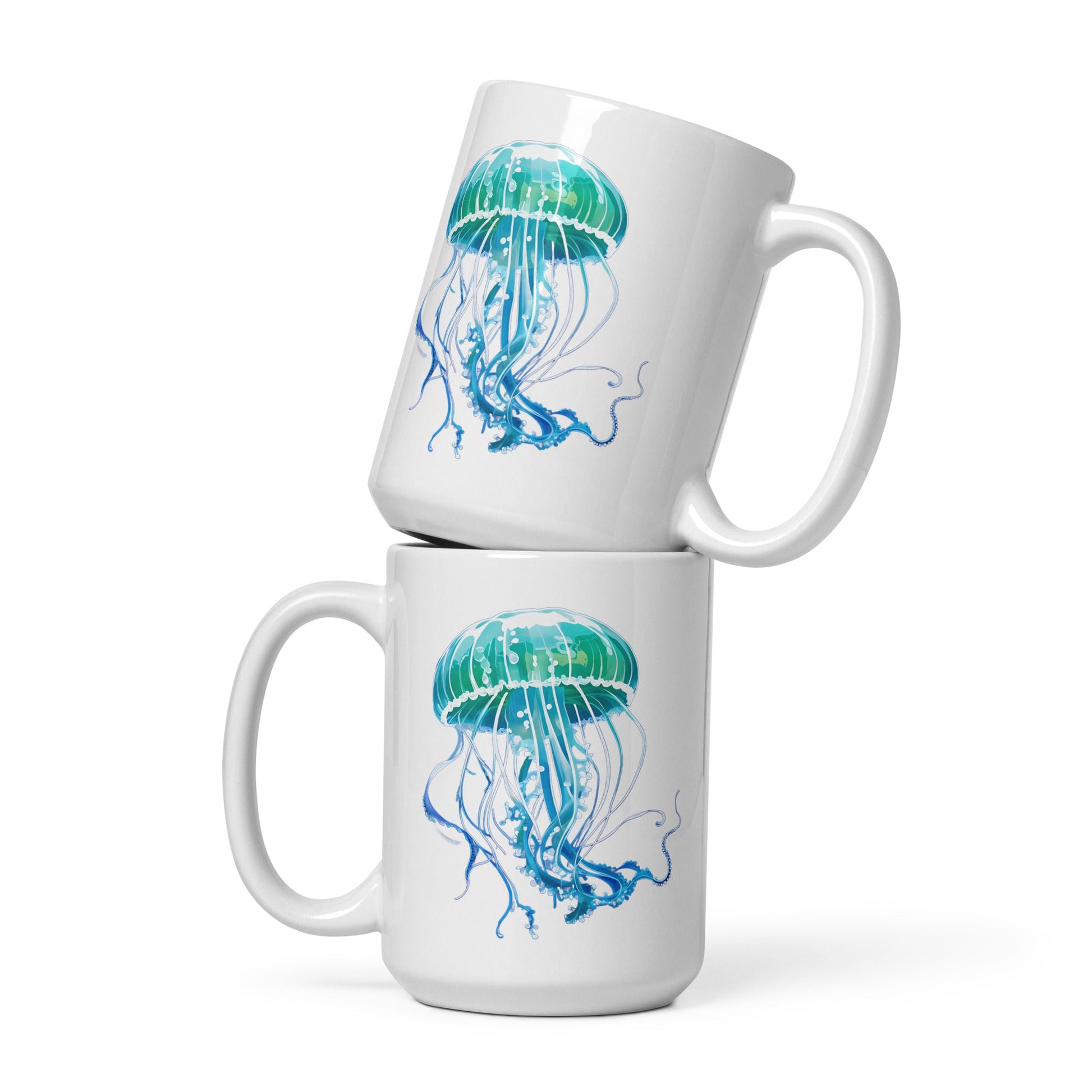 Turquoise Jellyfish White Glossy Mug (11 oz, 15 oz, 20 oz) - Mugs - Discovery Co.