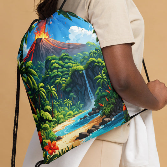 Volcano And Waterfall Drawstring Bag - Drawstring Bag - Discovery Co.