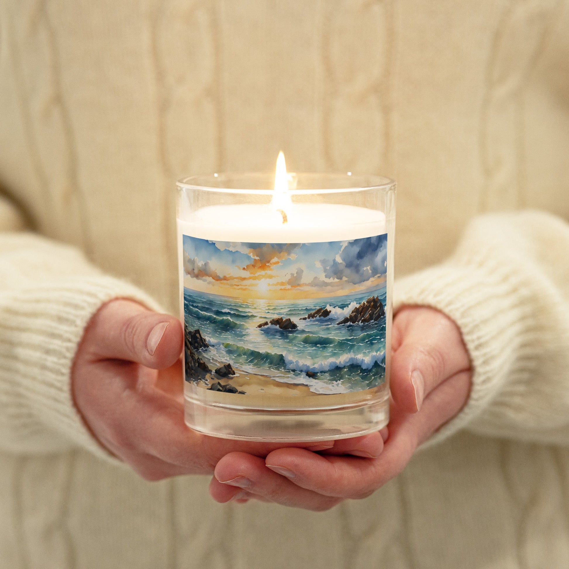 Watercolor Sunset Beach Glass Jar Soy Wax Candle - Candles - Discovery Co.
