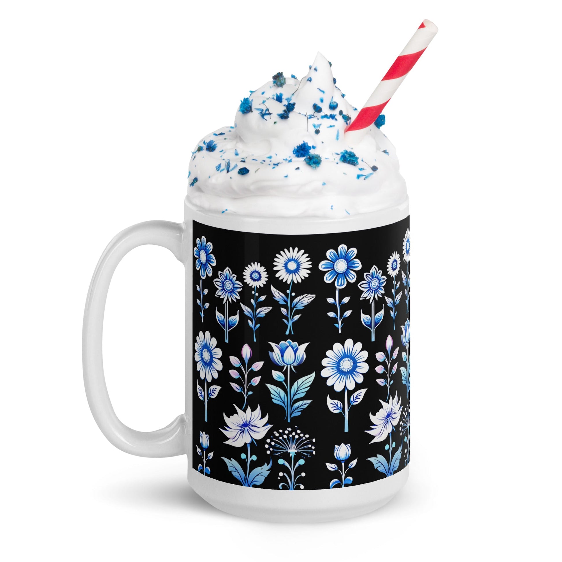 White and Blue Flowers White Glossy Mug (11 oz, 15 oz, 20 oz) - Mugs - Discovery Co.