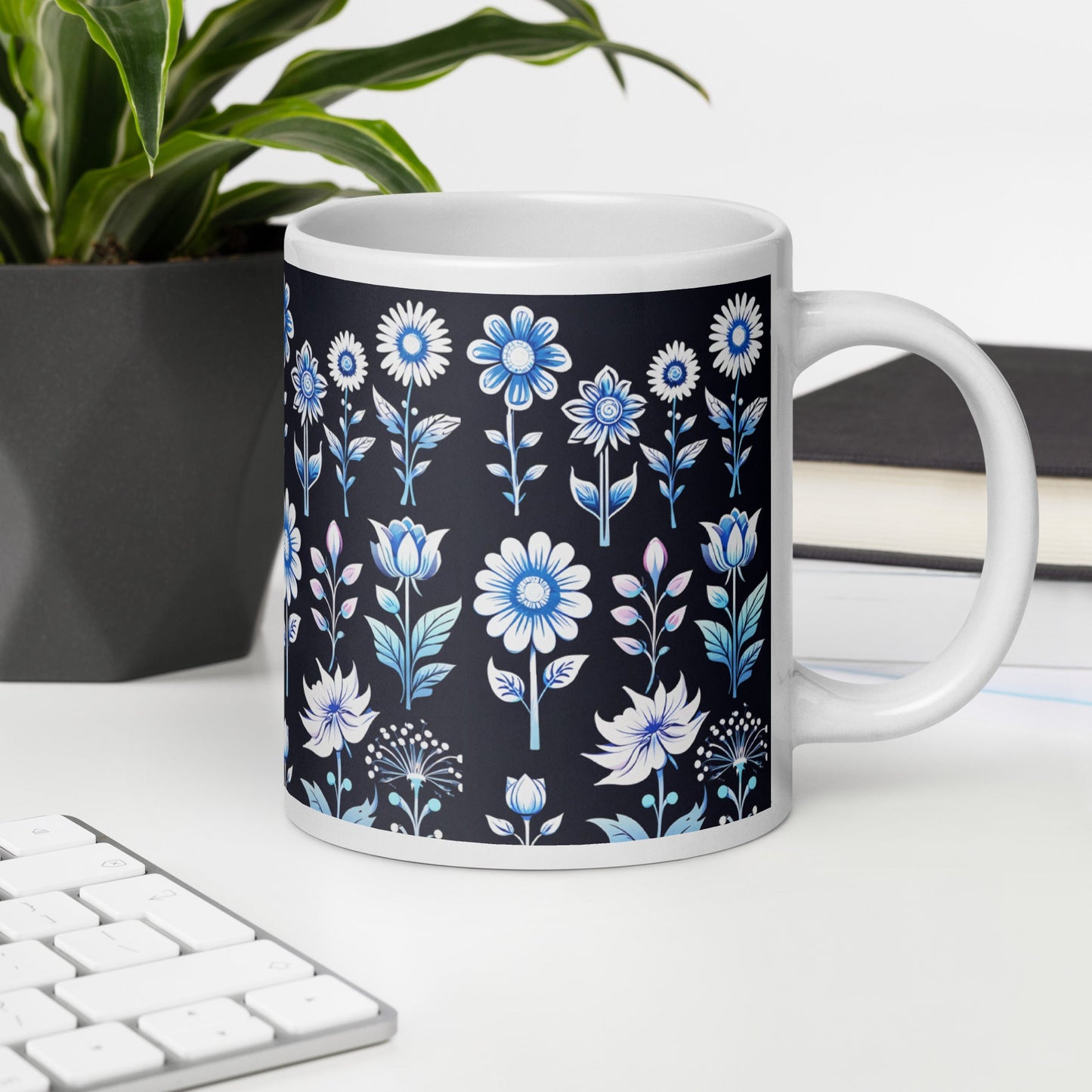 White and Blue Flowers White Glossy Mug (11 oz, 15 oz, 20 oz) - Mugs - Discovery Co.