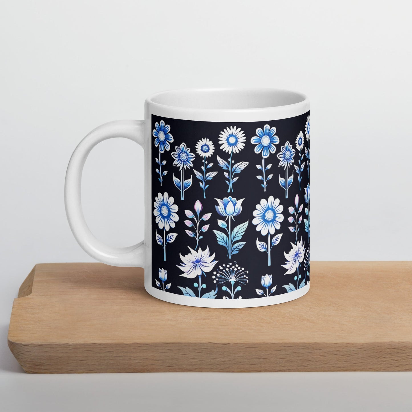 White and Blue Flowers White Glossy Mug (11 oz, 15 oz, 20 oz) - Mugs - Discovery Co.