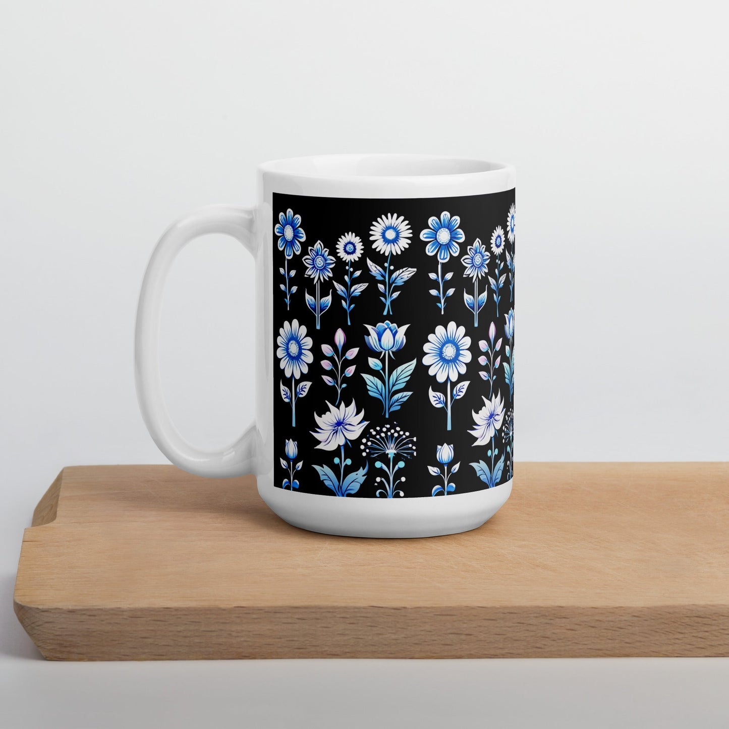 White and Blue Flowers White Glossy Mug (11 oz, 15 oz, 20 oz) - Mugs - Discovery Co.