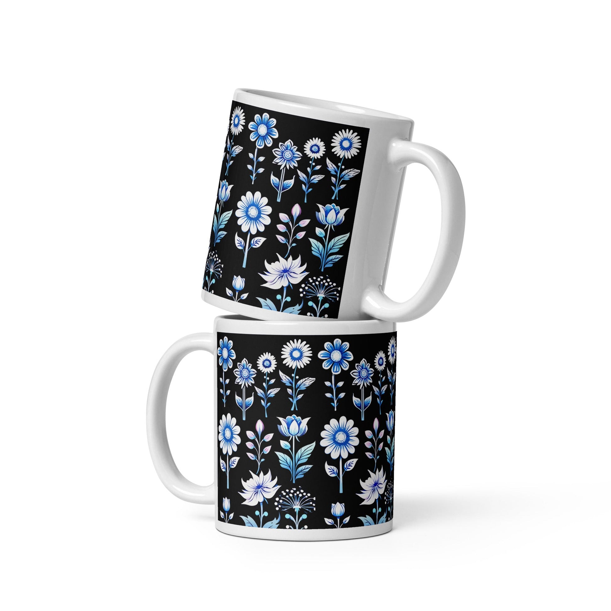 White and Blue Flowers White Glossy Mug - Mugs - Discovery Co.