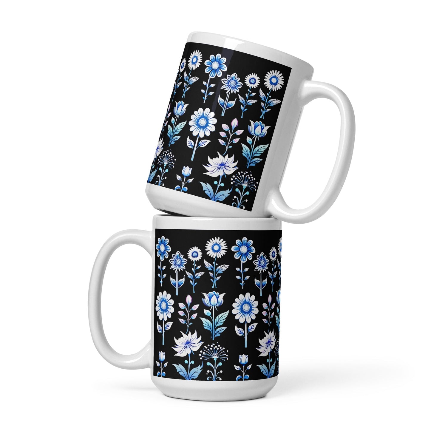 White and Blue Flowers White Glossy Mug - Mugs - Discovery Co.