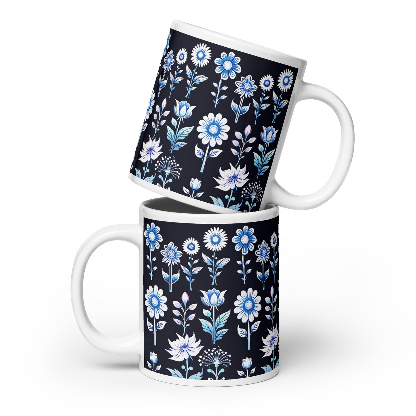 White and Blue Flowers White Glossy Mug - Mugs - Discovery Co.