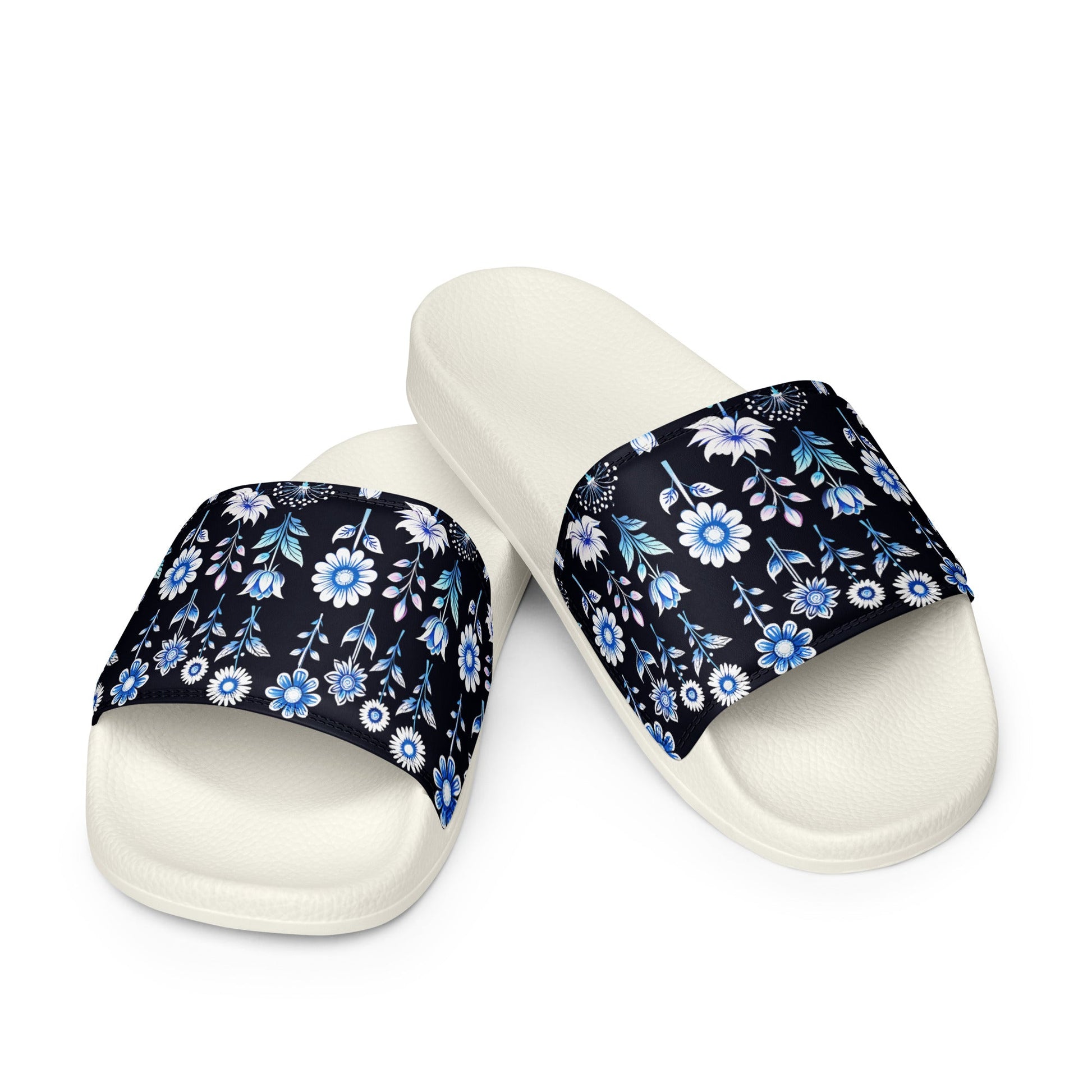 White and Blue Flowers Women's Slides - Footwear - Discovery Co.