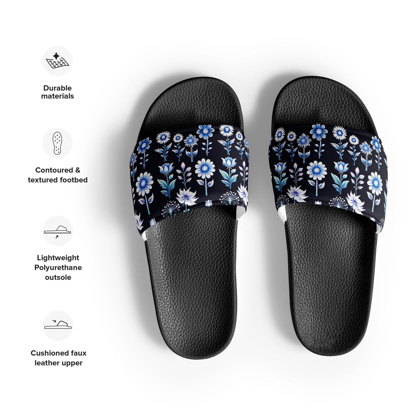 White and Blue Flowers Women's Slides - Footwear - Discovery Co.