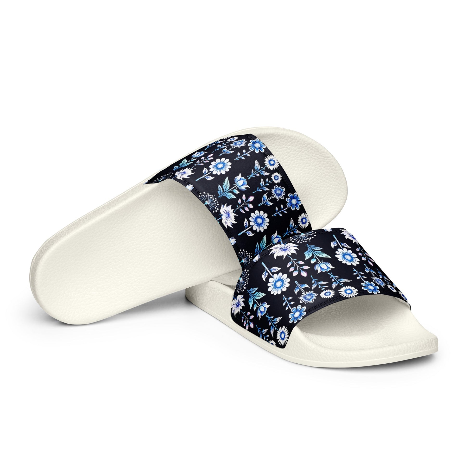 White and Blue Flowers Women's Slides - Footwear - Discovery Co.