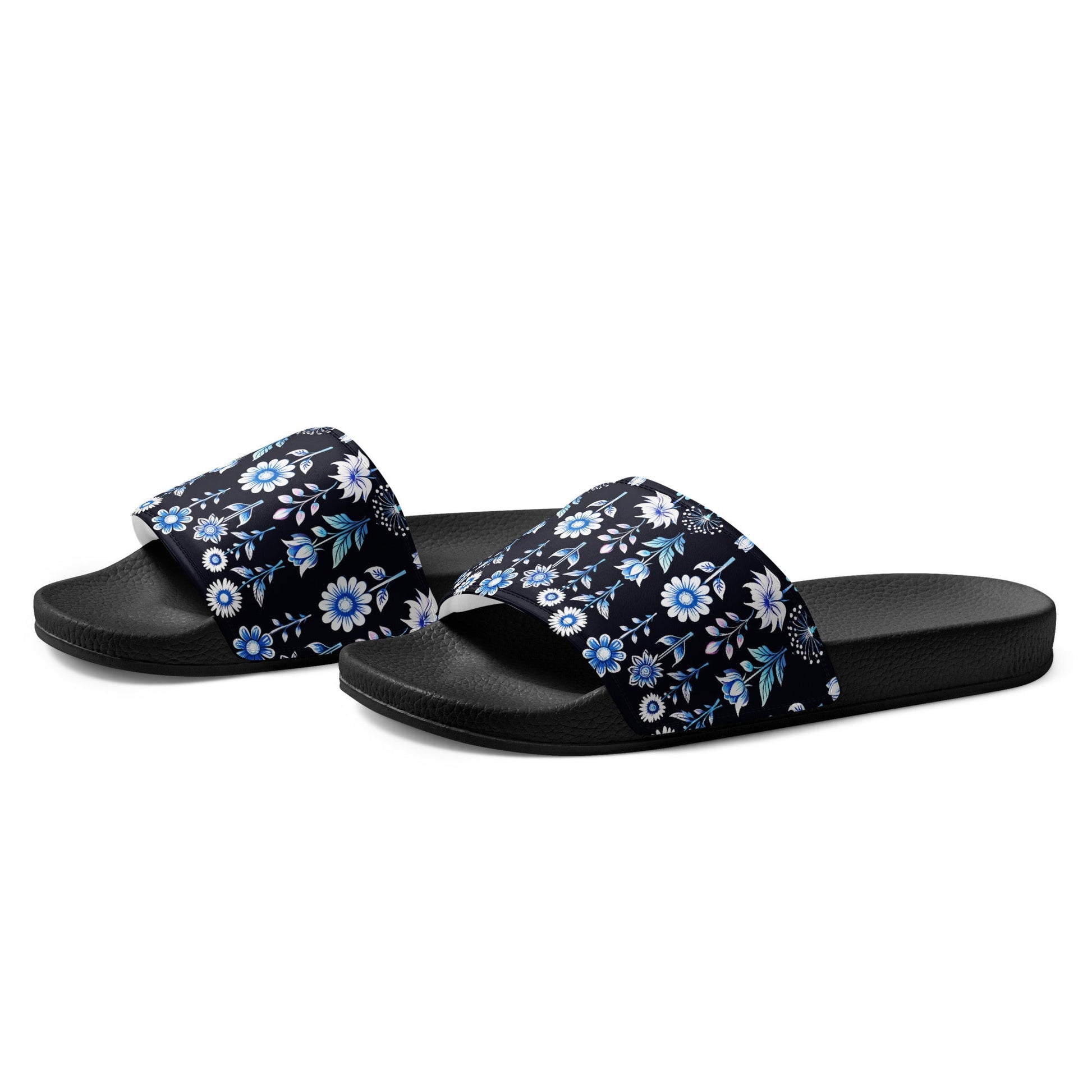 White and Blue Flowers Women's Slides - Footwear - Discovery Co.