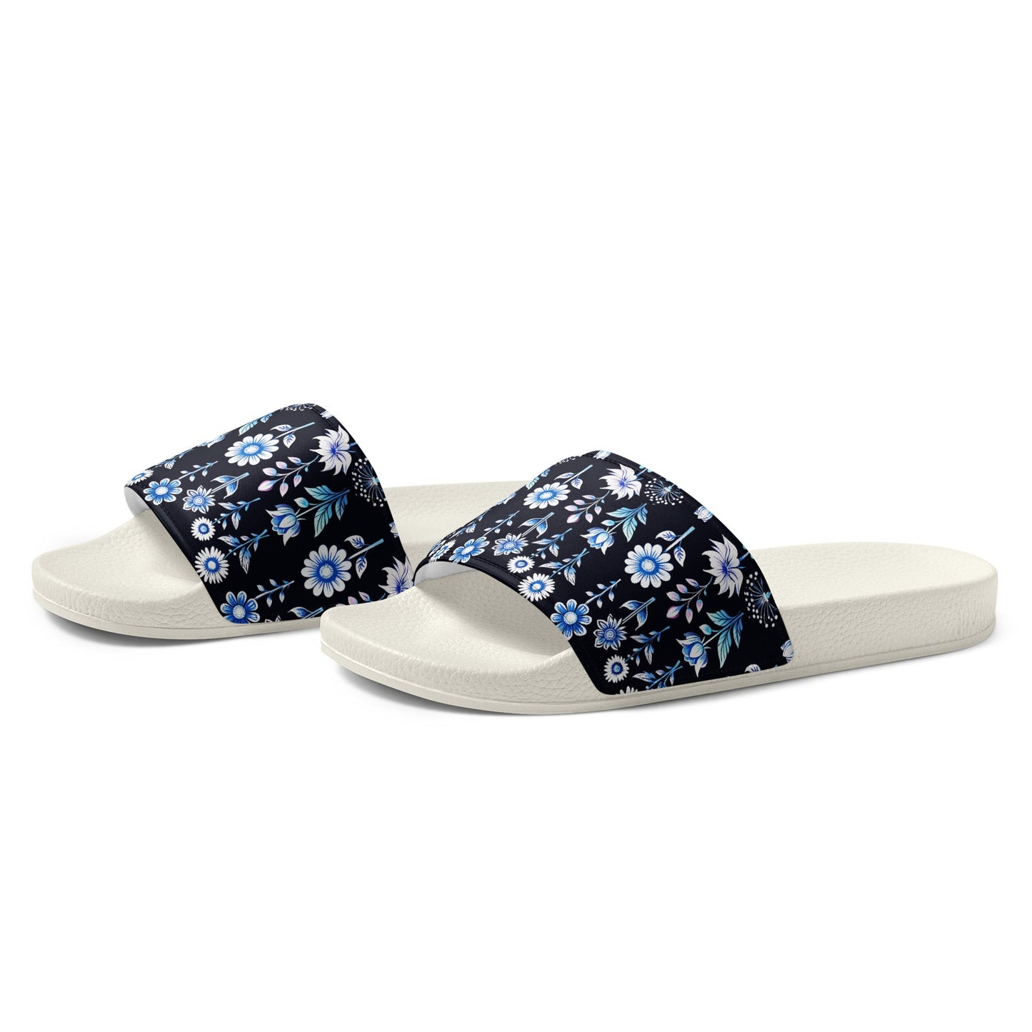 White and Blue Flowers Women's Slides - Footwear - Discovery Co.