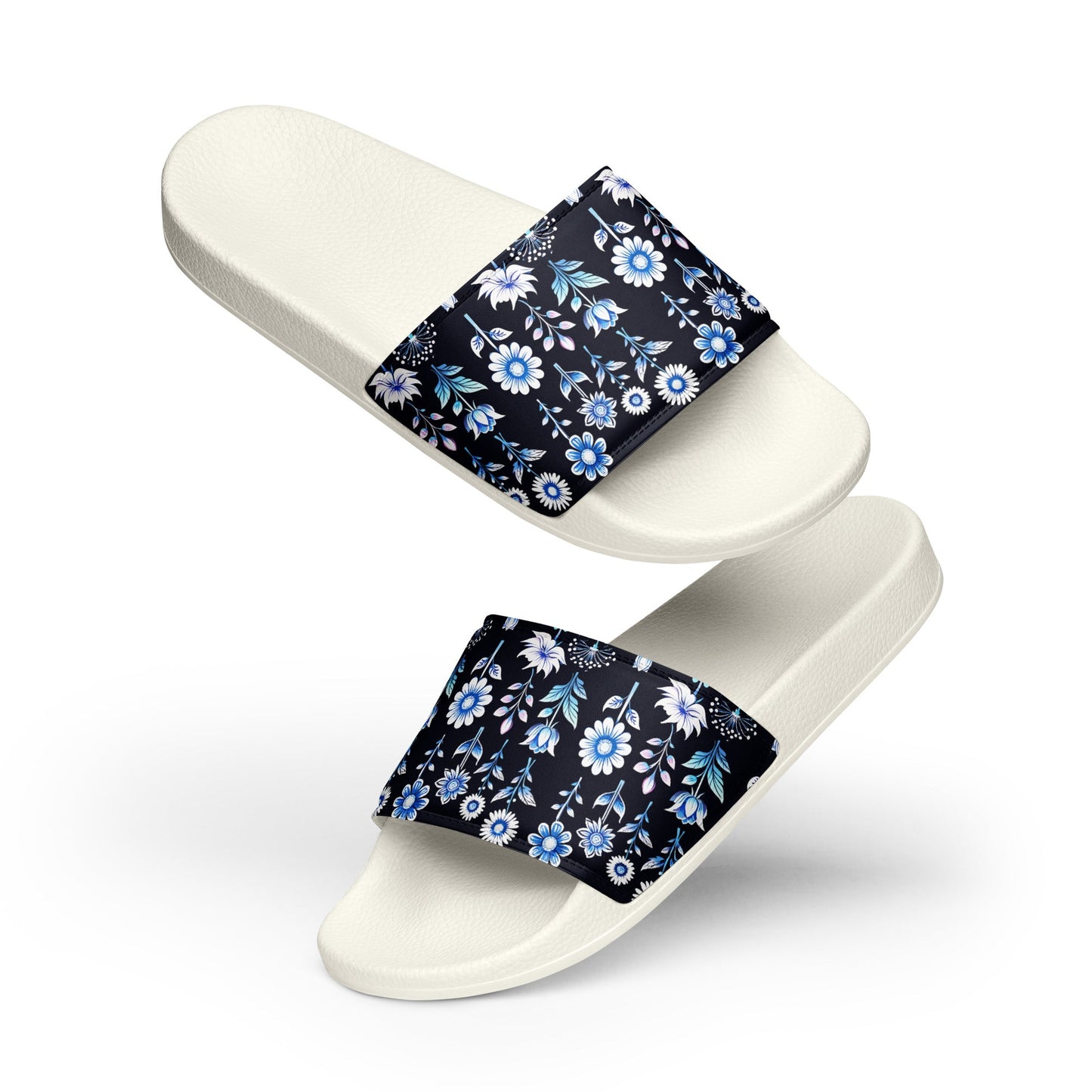 White and Blue Flowers Women's Slides - Footwear - Discovery Co.