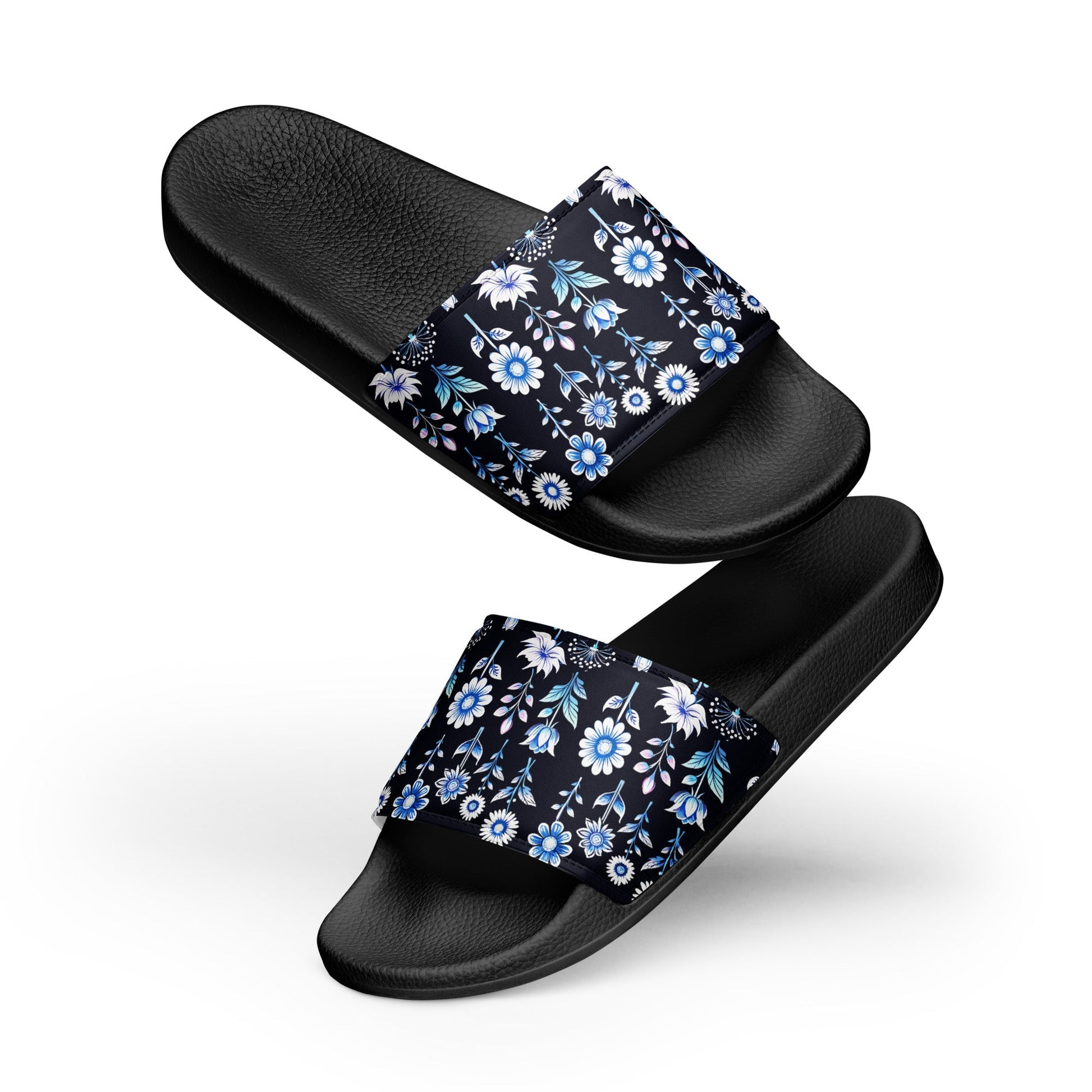 White and Blue Flowers Women's Slides - Footwear - Discovery Co.