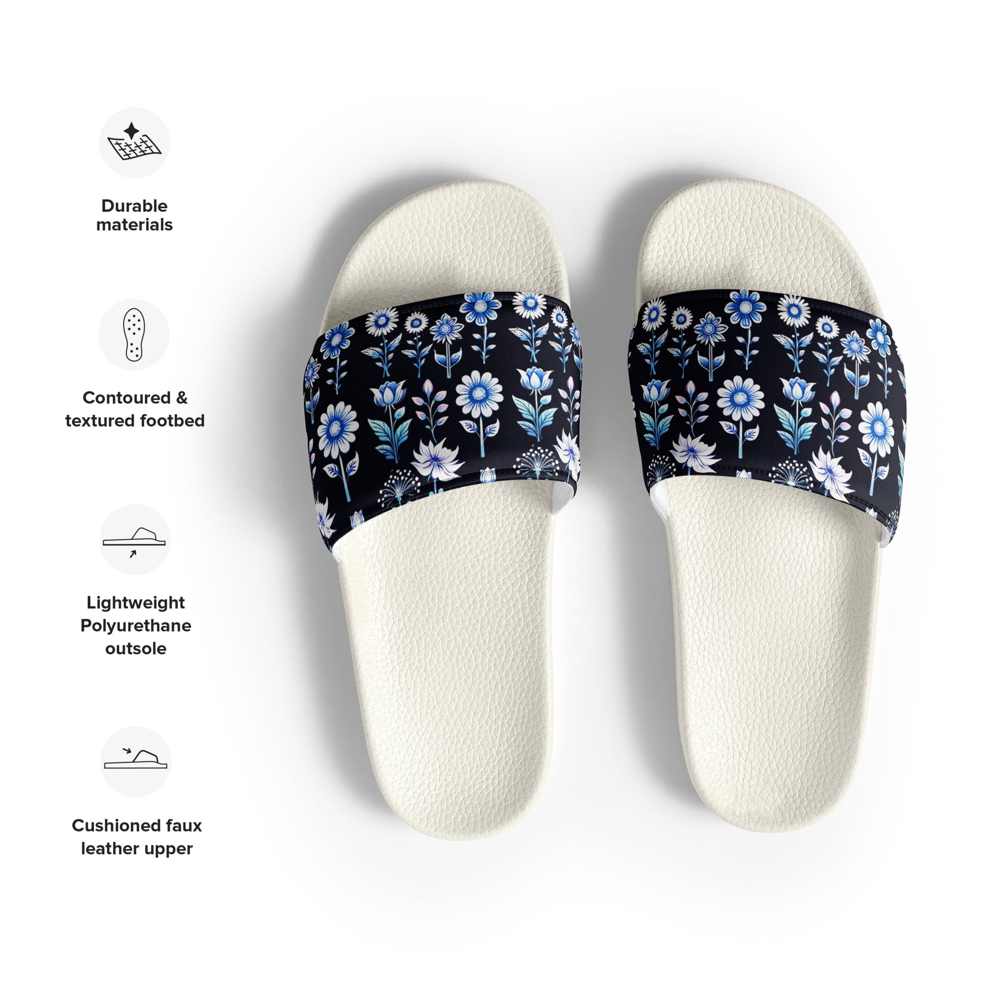 White and Blue Flowers Women's Slides - Footwear - Discovery Co.